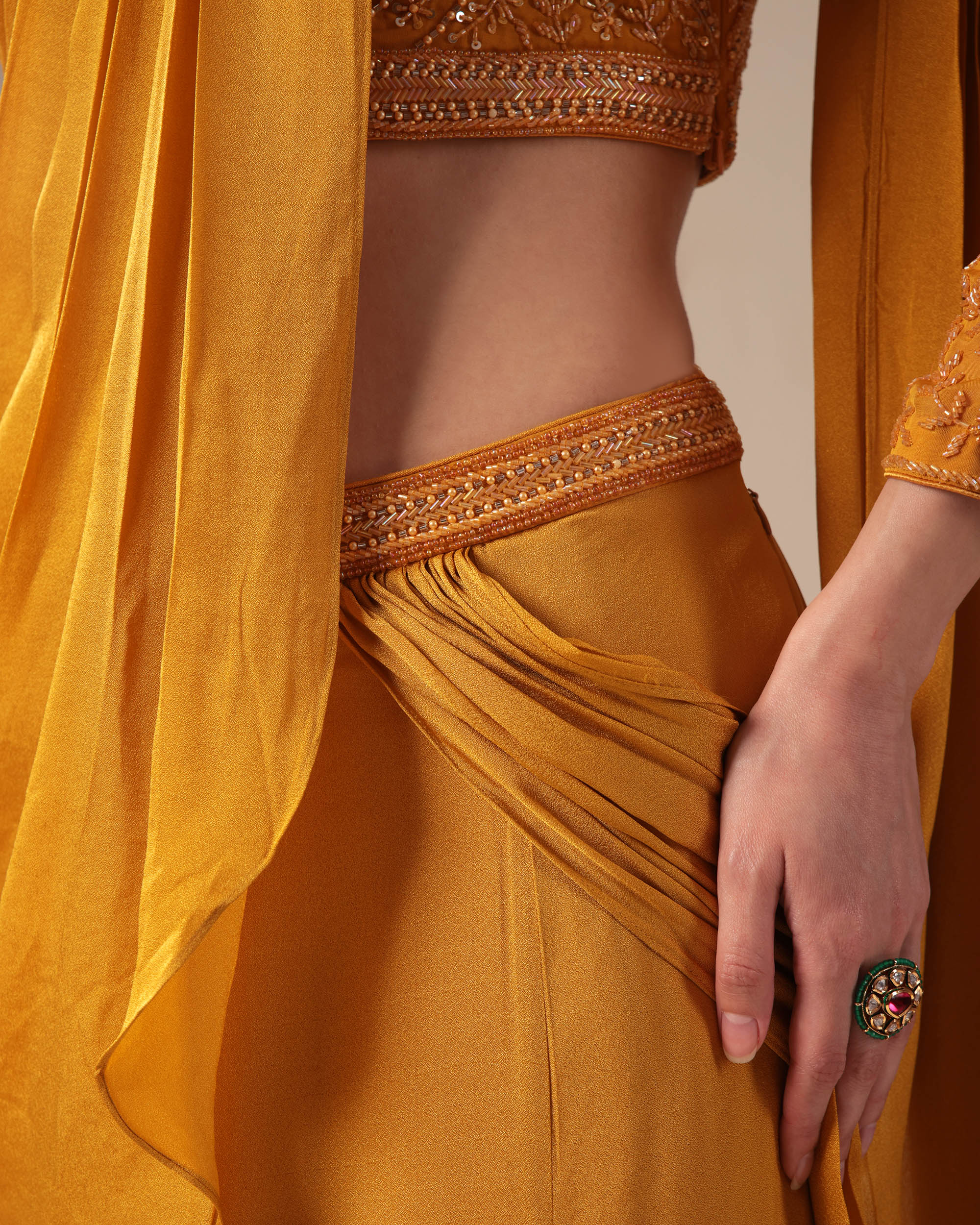Mustard Ruffle Drape Saree Set with Embroidered Blouse