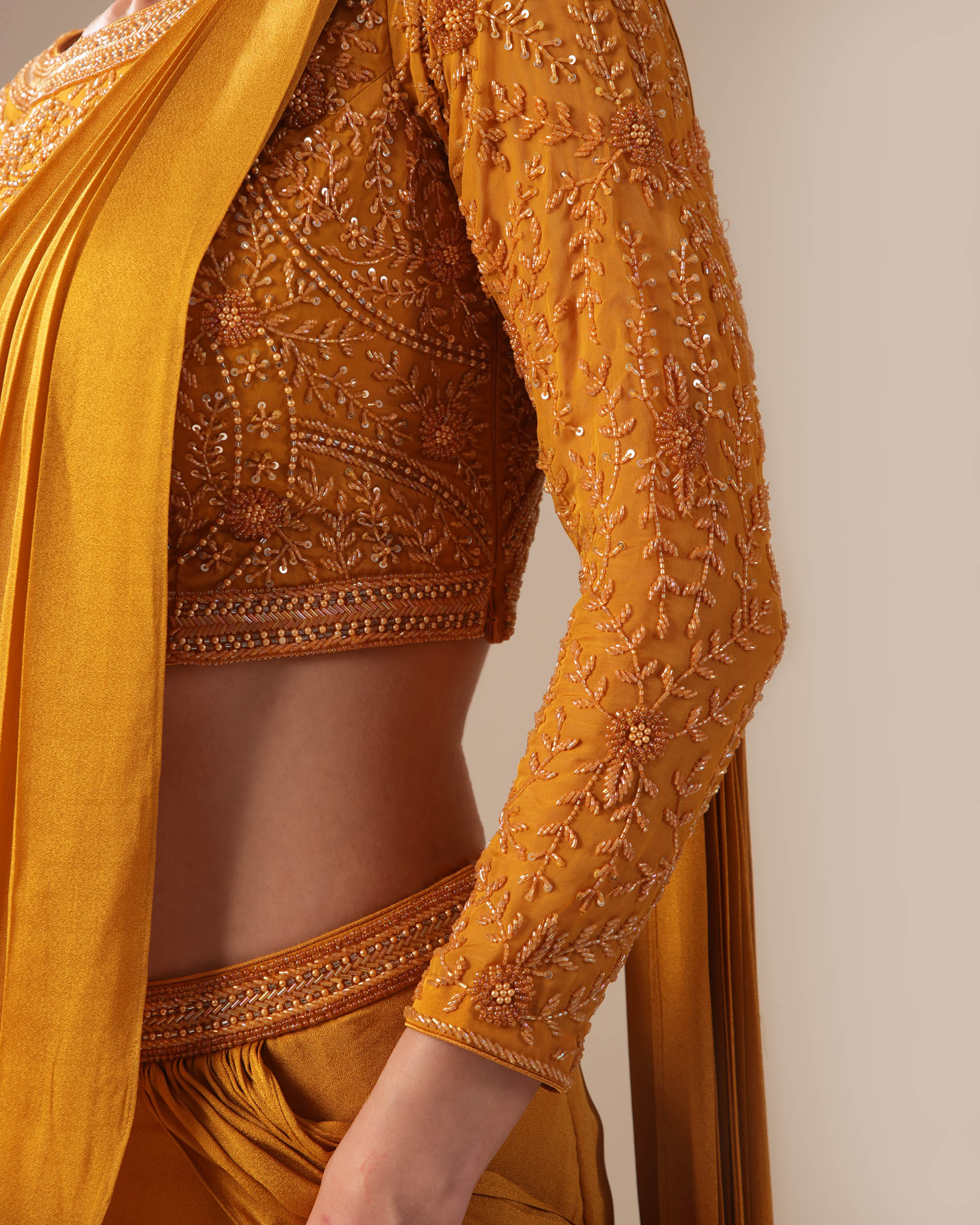 Mustard Ruffle Drape Saree Set with Embroidered Blouse