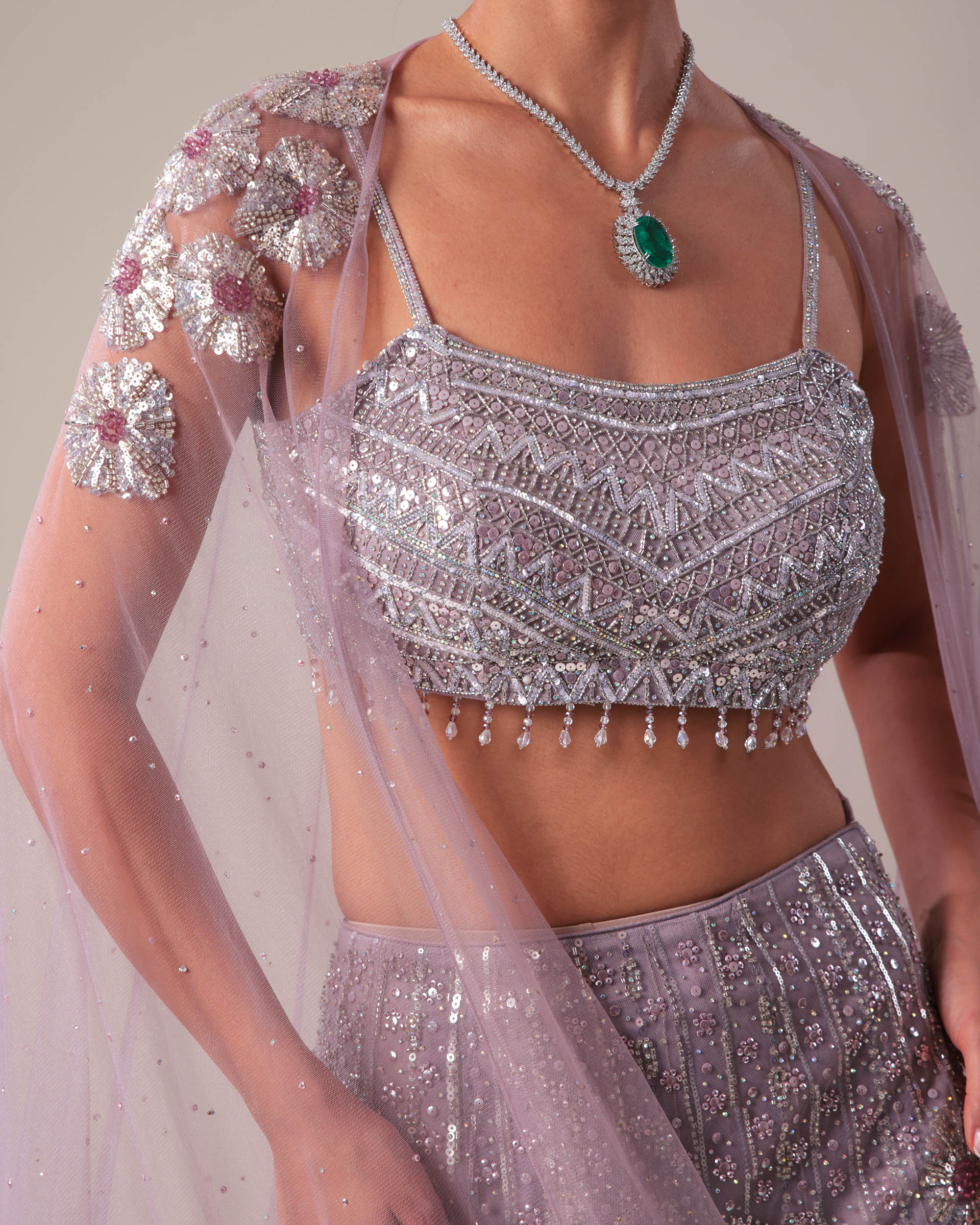 Lavender Sequin Embellished Lehenga Set with Cape Dupatta