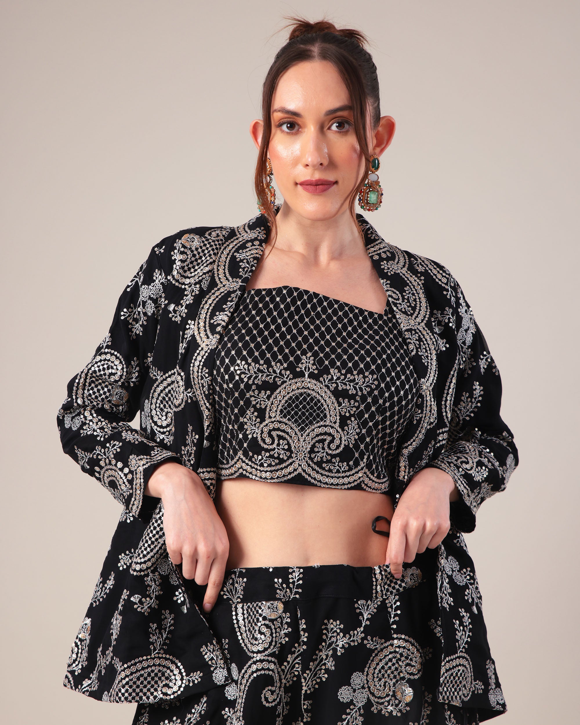 Black Embroidered Co-ord Set with Jacket