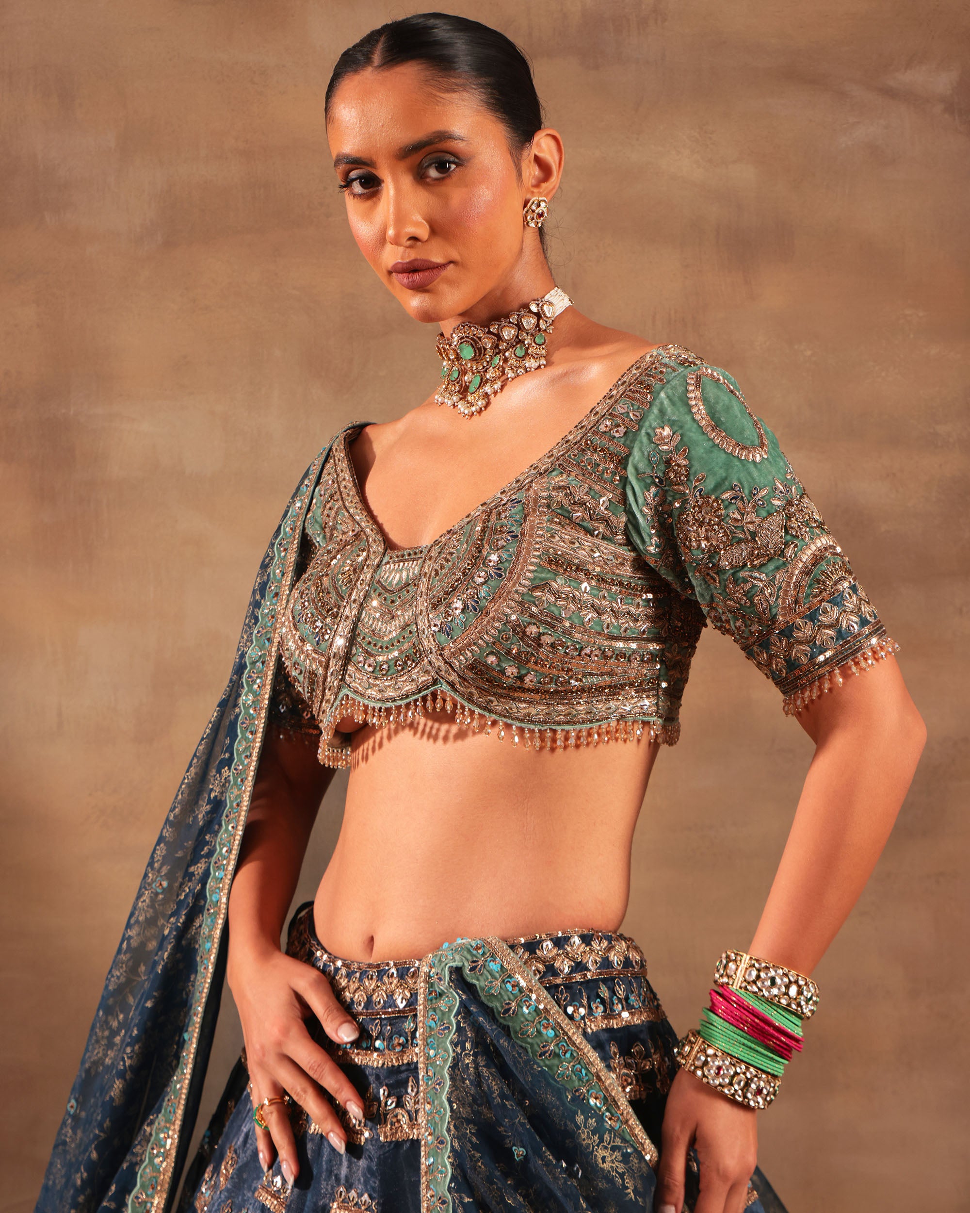 Navy Blue & Emerald Embroidered Formal Lehenga Set