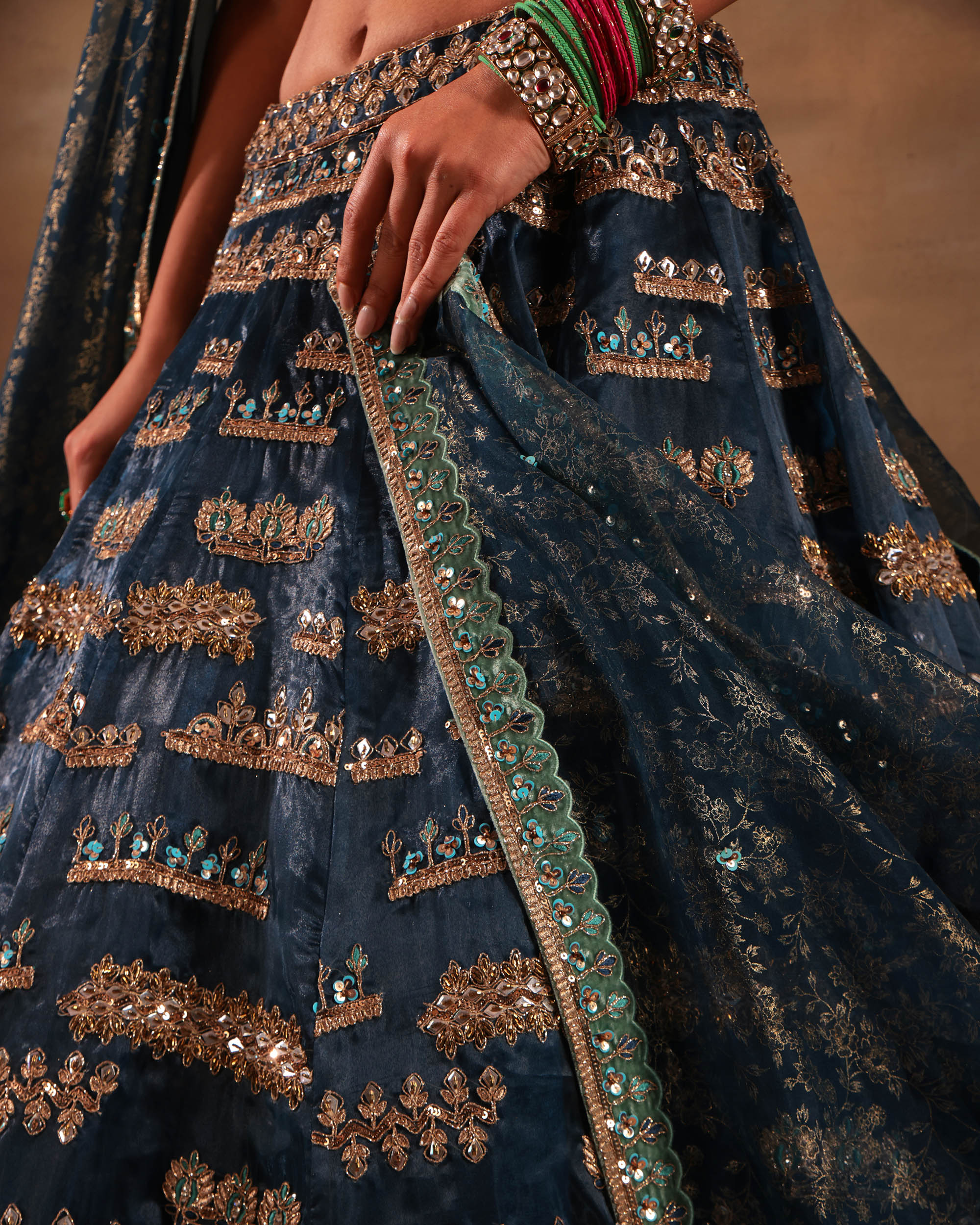 Navy Blue & Emerald Embroidered Formal Lehenga Set