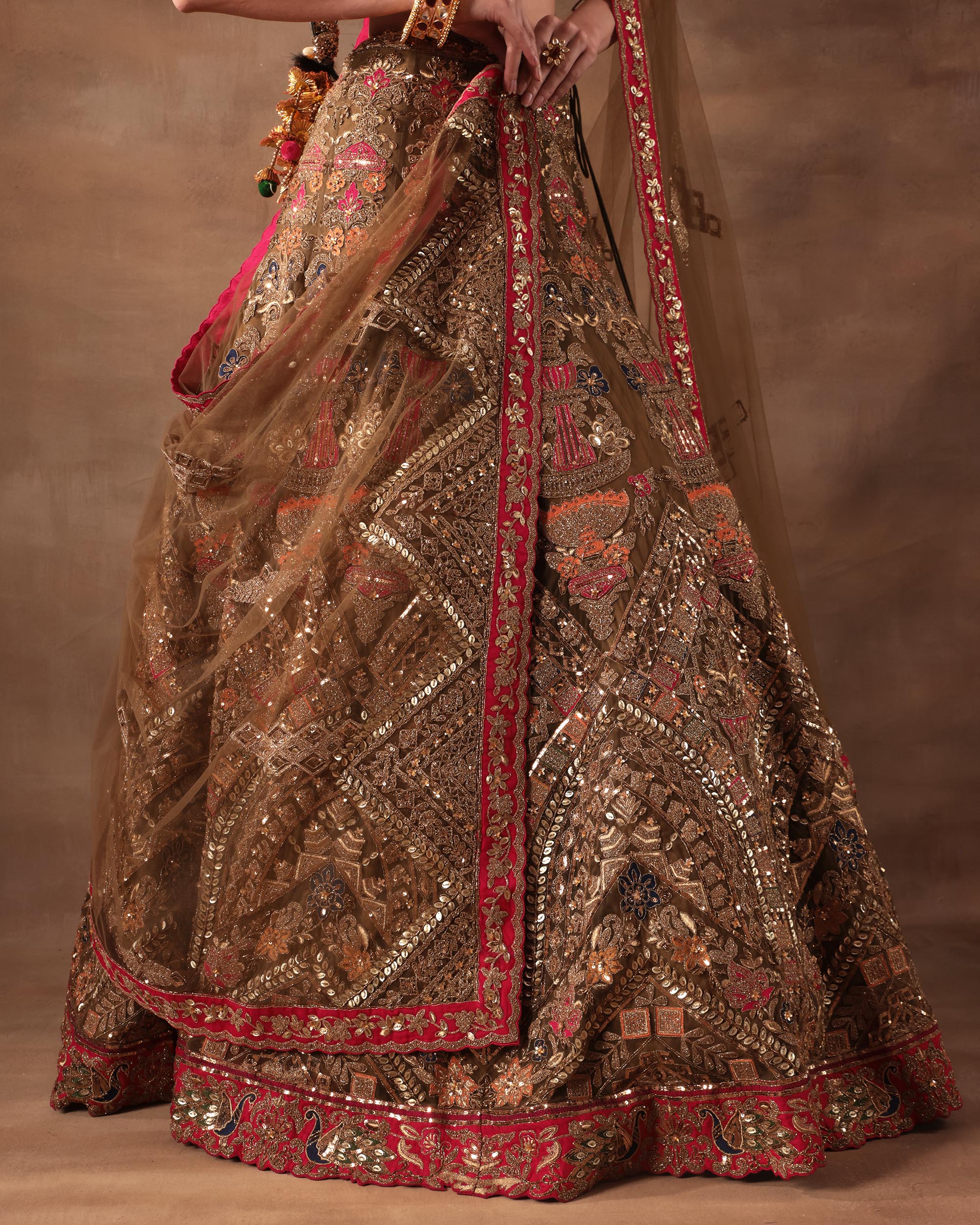 Olive Gold & Maroon Multithread Embroidered Bridal Lehenga Set