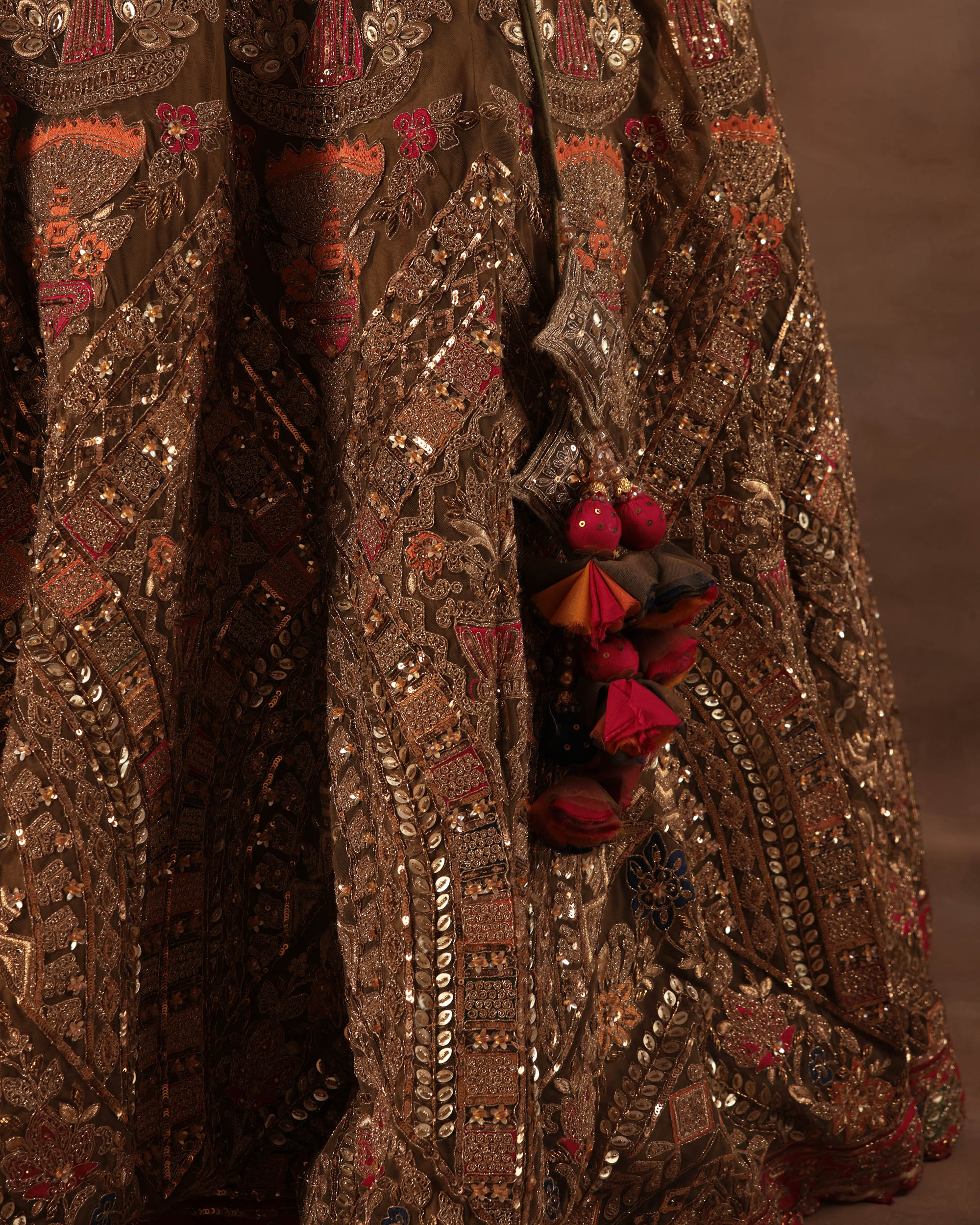 Olive Gold & Maroon Multithread Embroidered Bridal Lehenga Set