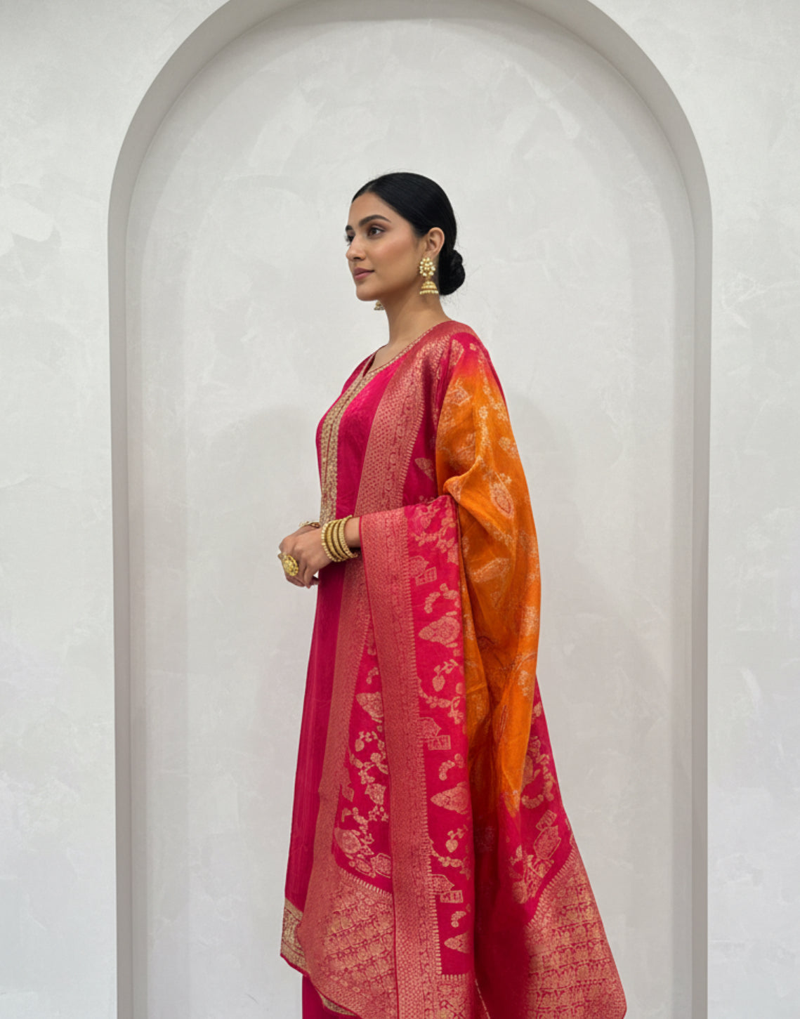 Fuchsia Pink and Orange Banarasi Silk Suit Set
