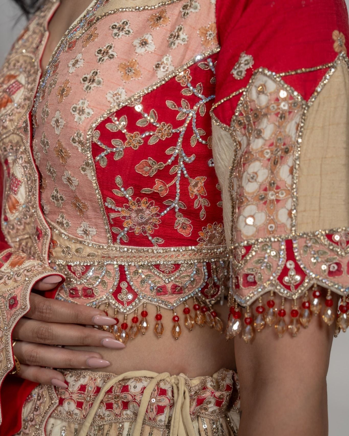 Red and Peach Patchwork Lehenga with Net Dupatta