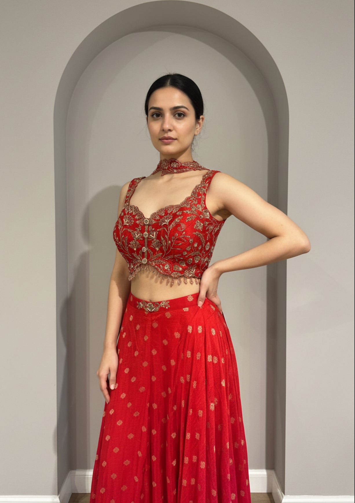 Red Embroidered Lehenga Set