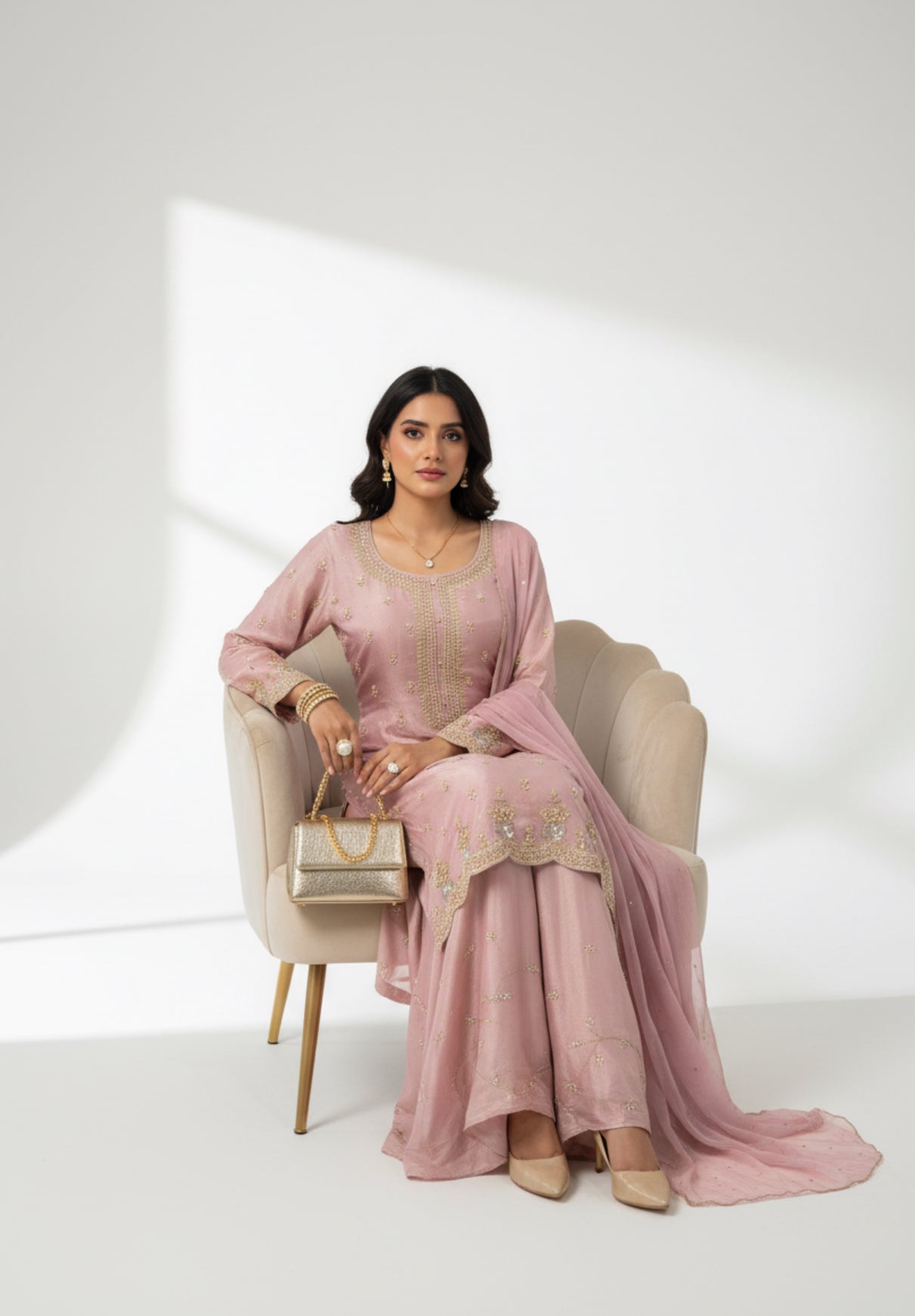 Blush Pink Embroidered Soft Shimmer Suit Set