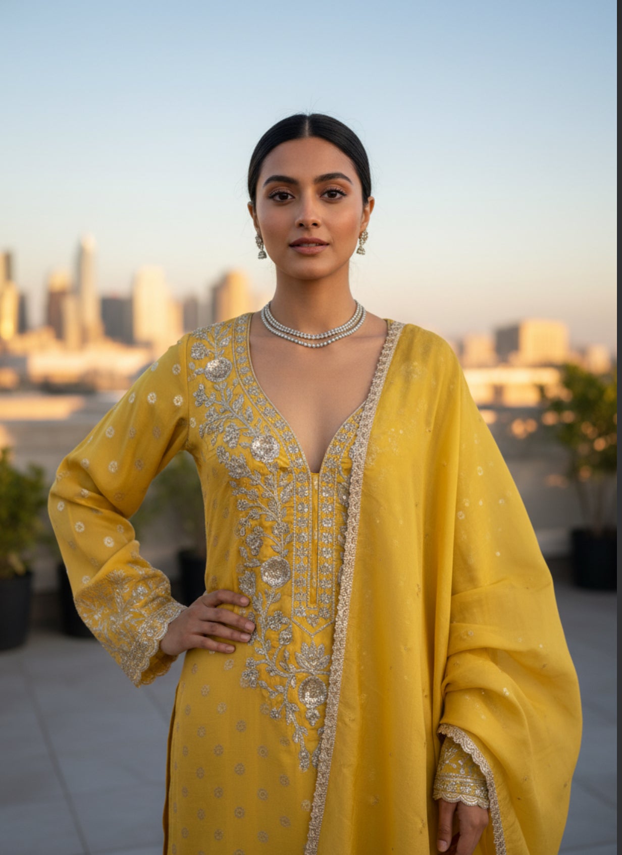 Mustard Yellow Embroidered Silk Suit Set