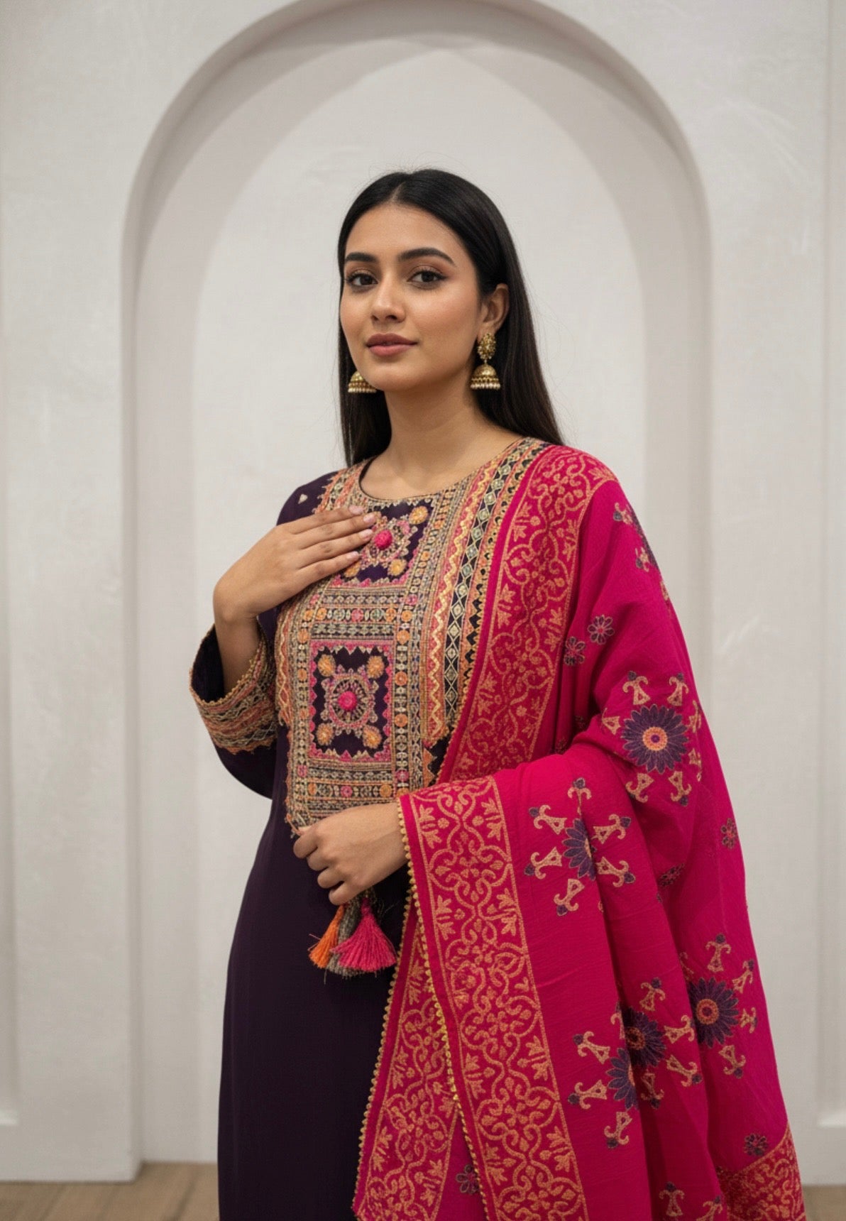 Embroidered Plum and Mustard Shalwar Kameez Set