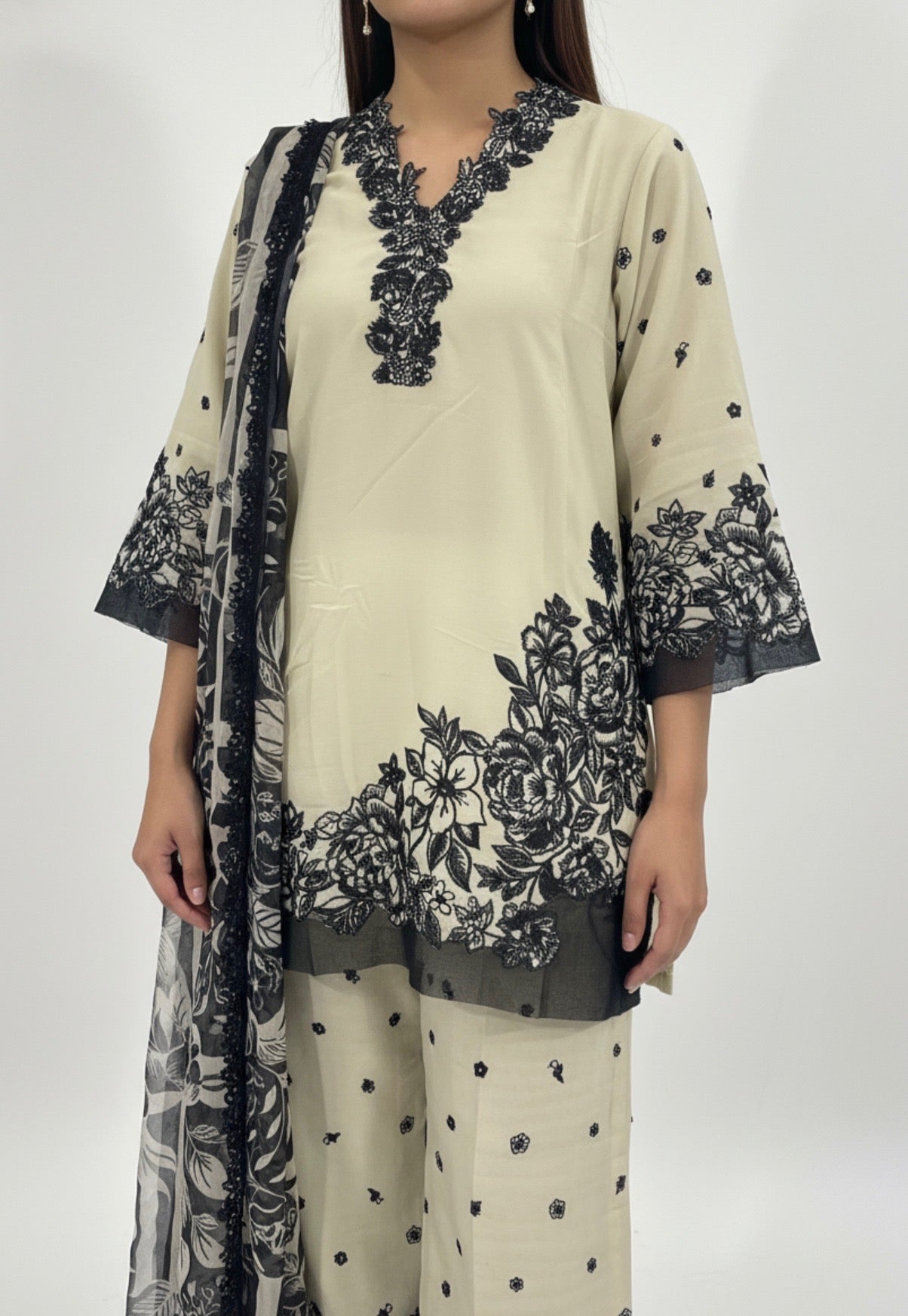 Ivory Noir Floral Embroidered Suit
