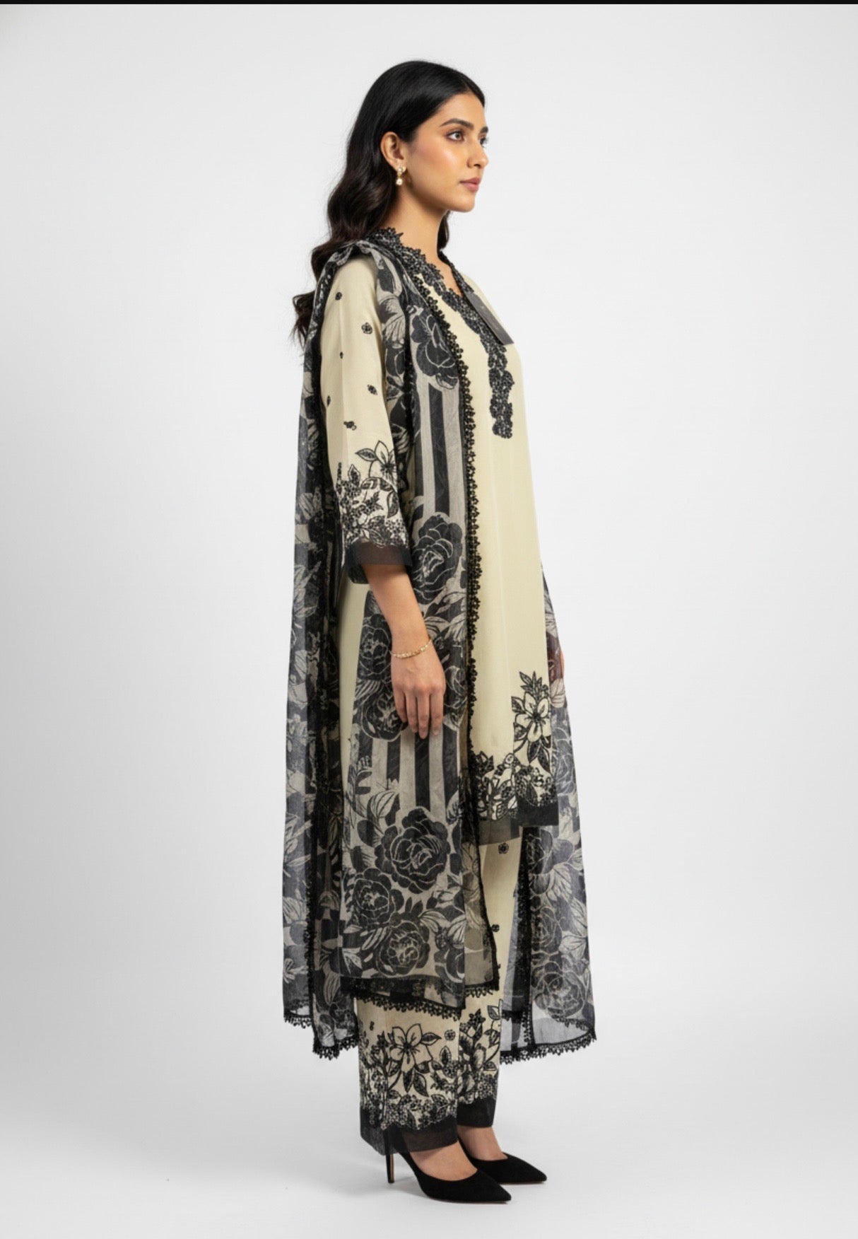 Ivory Noir Floral Embroidered Suit