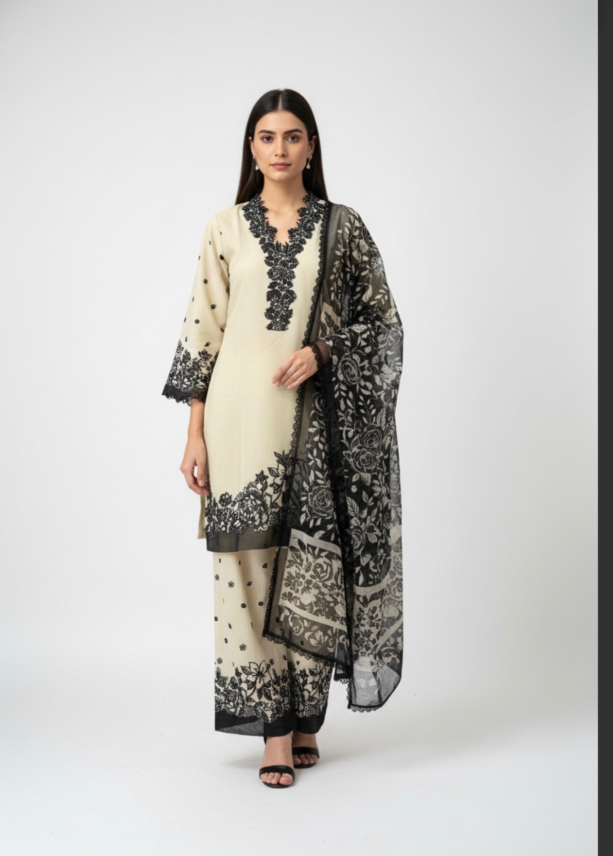 Ivory Noir Floral Embroidered Suit