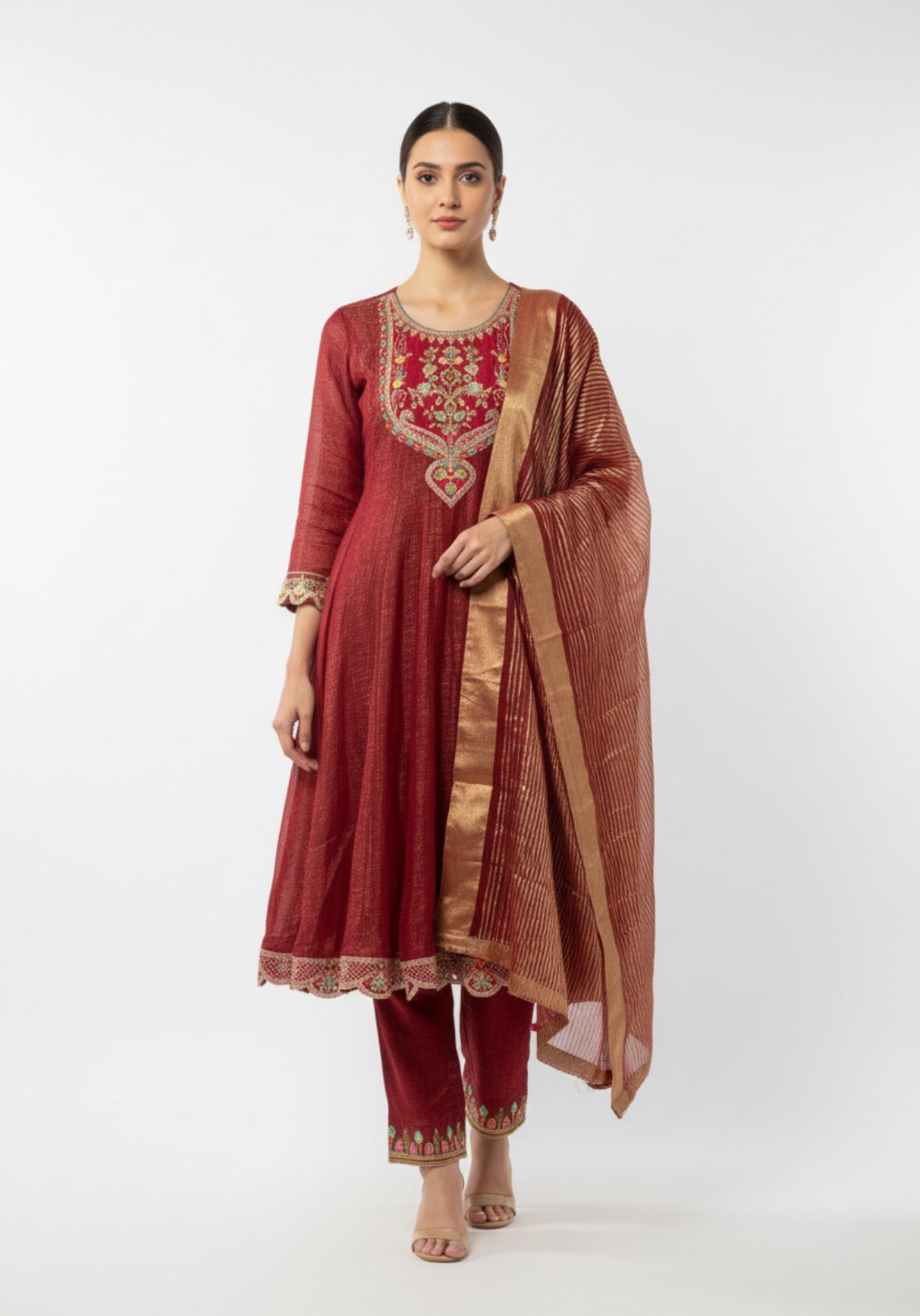 Scarlet Gold Embroidered Anarkali Suit