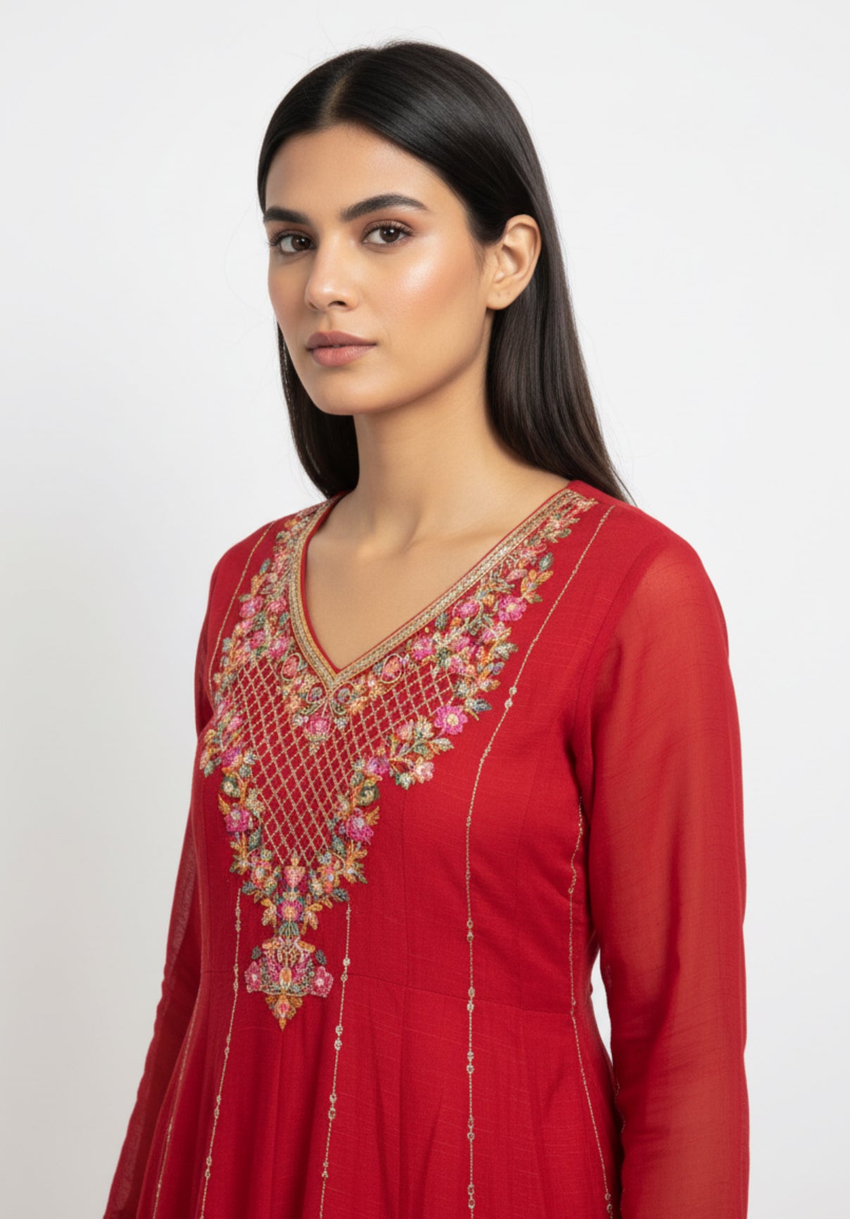 Scarlet Gold Embroidered Anarkali Suit