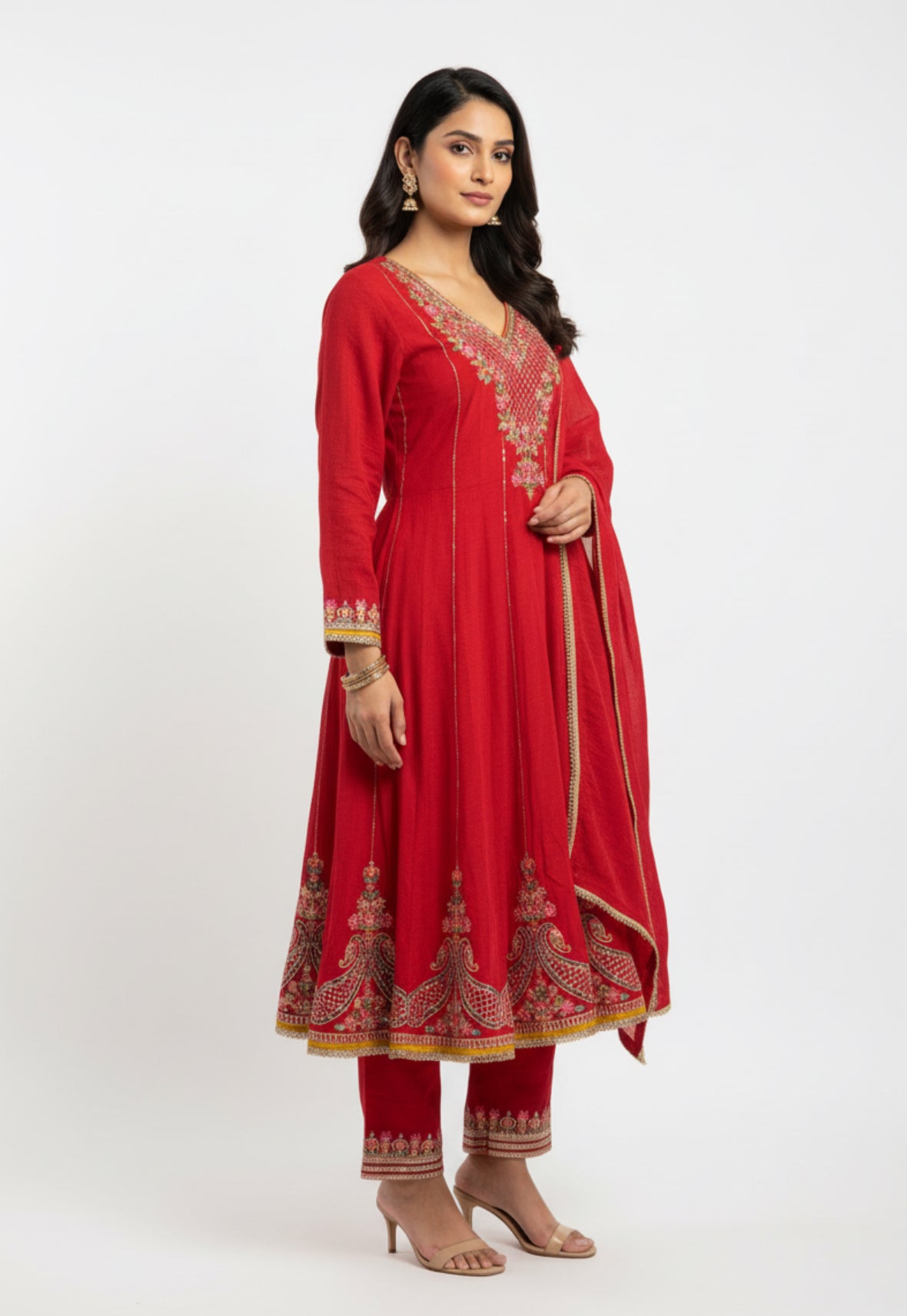 Scarlet Gold Embroidered Anarkali Suit