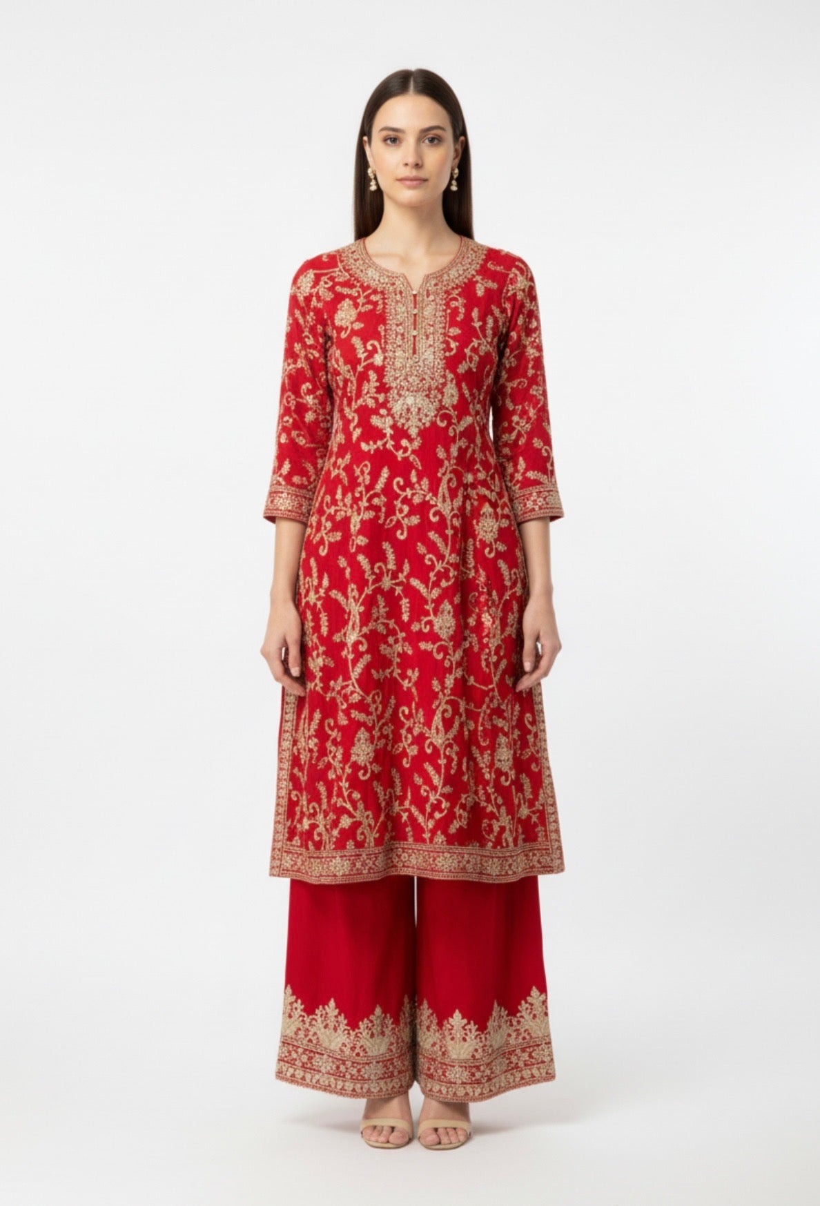 Crimson Gold Embroidered Straight Suit