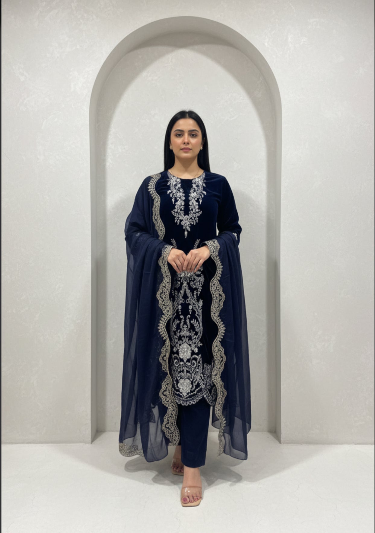 Navy Blue Velvet Embroidered Suit