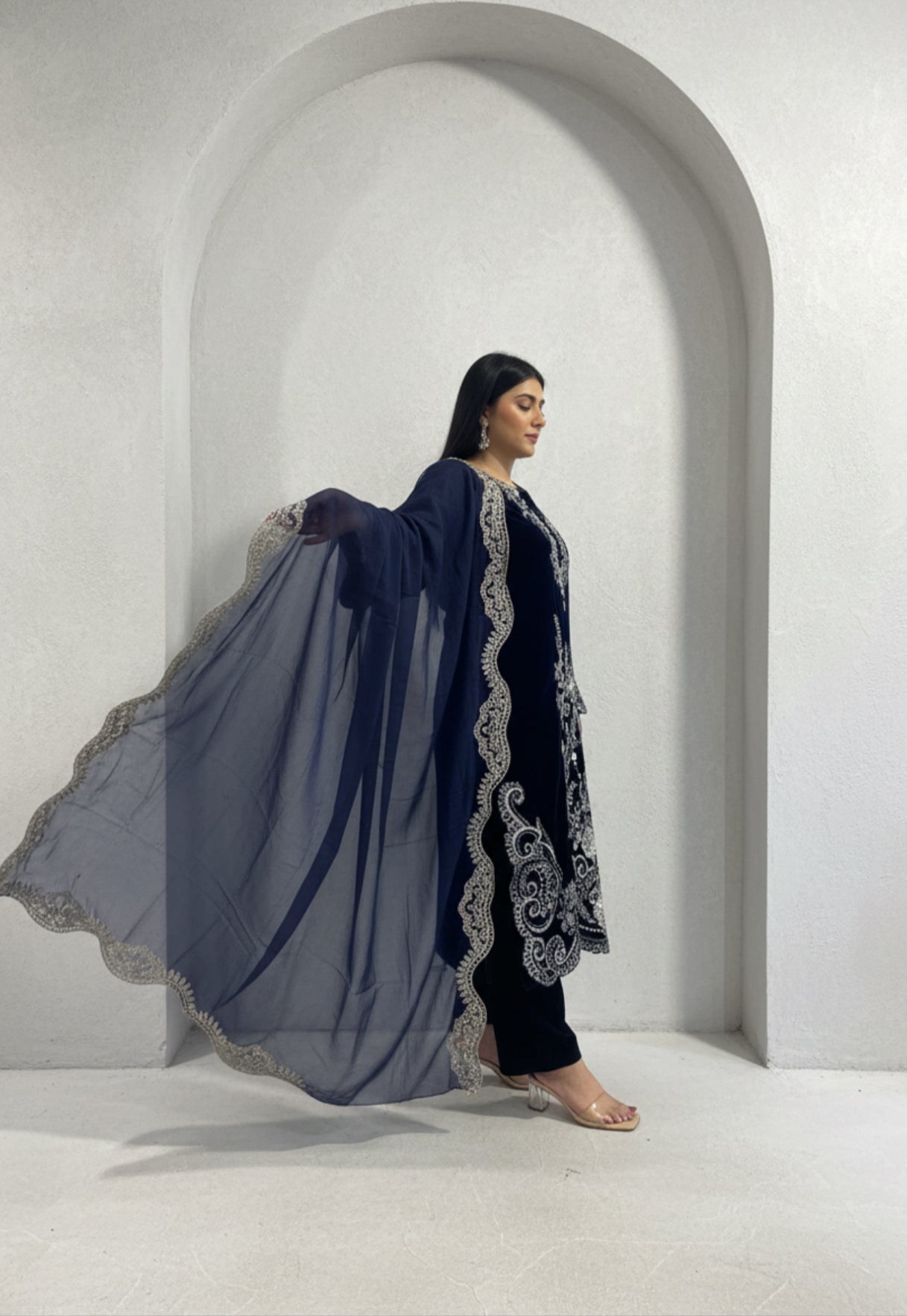 Navy Blue Velvet Embroidered Suit