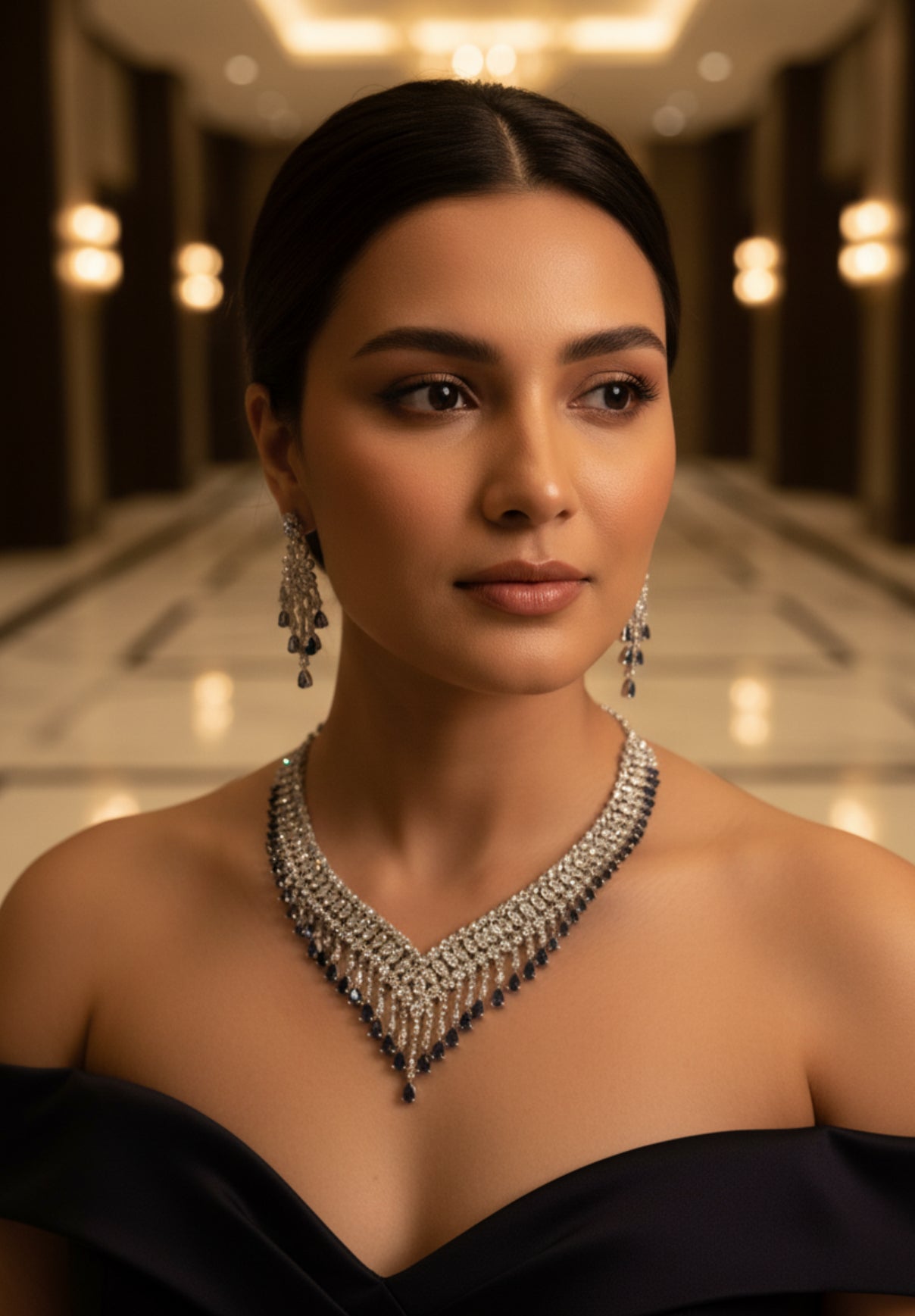 Elegant Crystal & Sapphire-Toned Necklace Set