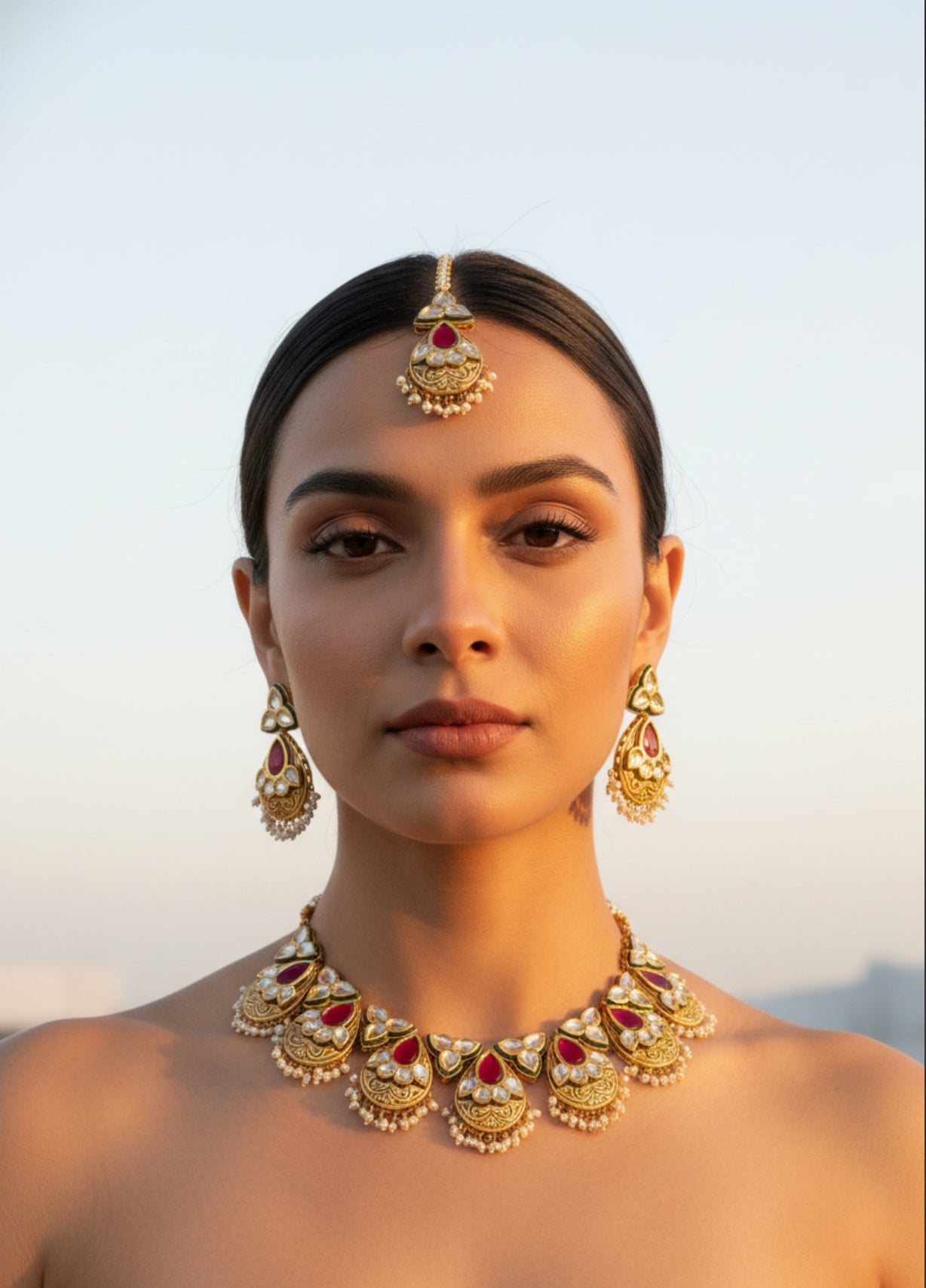 Gold, Ruby & Pearl Kundan Bridal Jewelry Set