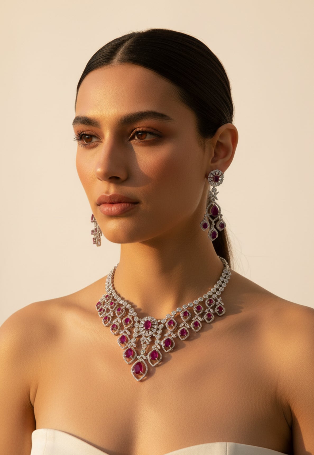 Ruby and Diamond Chandelier Necklace Set