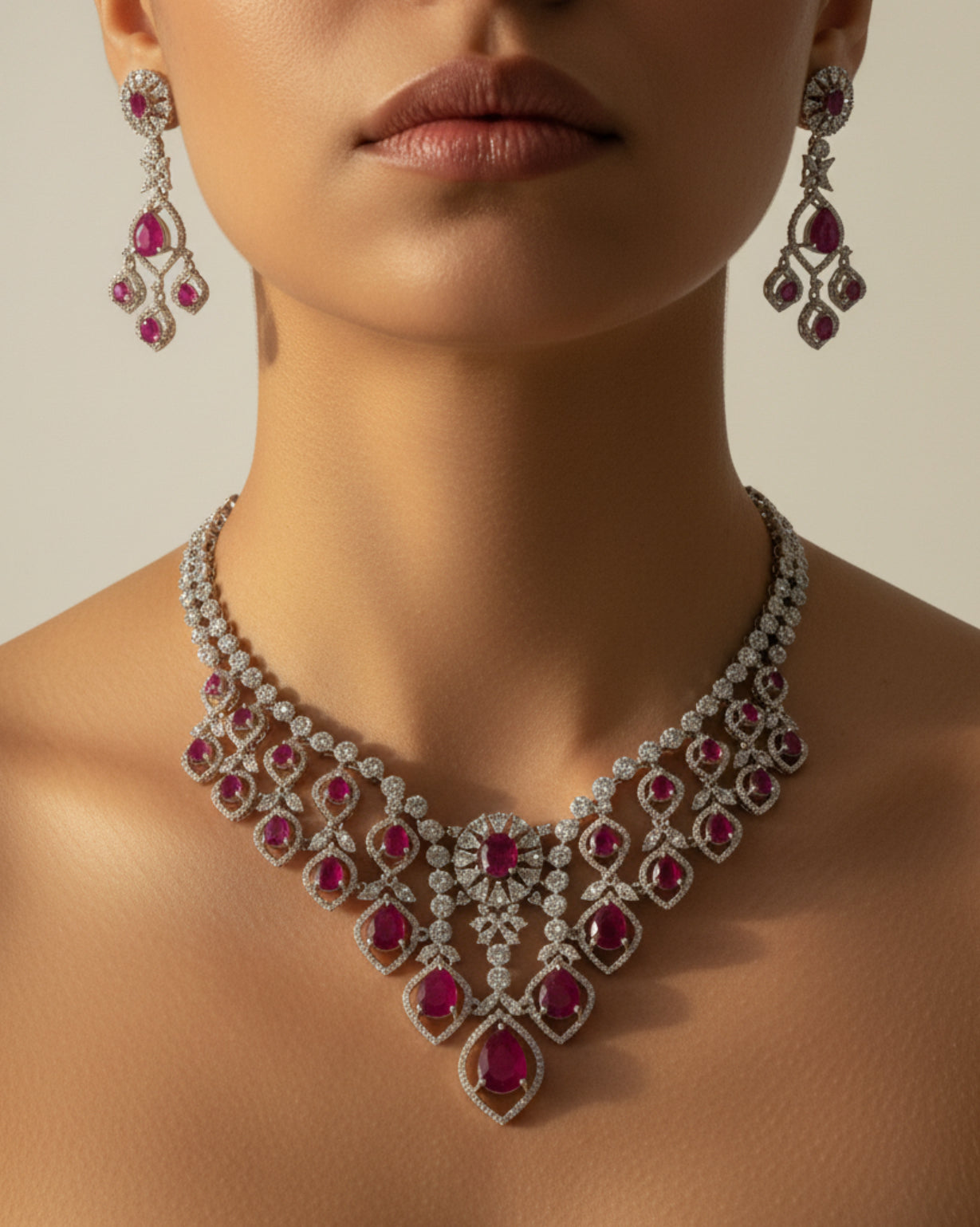 Ruby and Diamond Chandelier Necklace Set