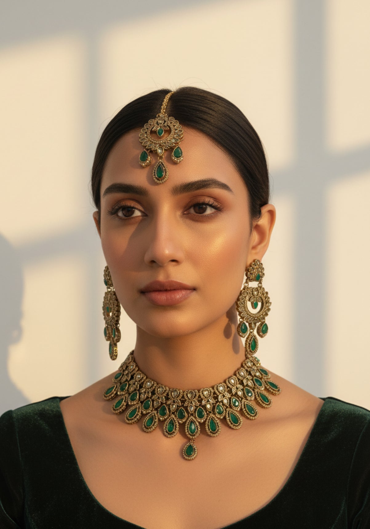 Emerald and Gold Kundan Bridal Jewelry Set