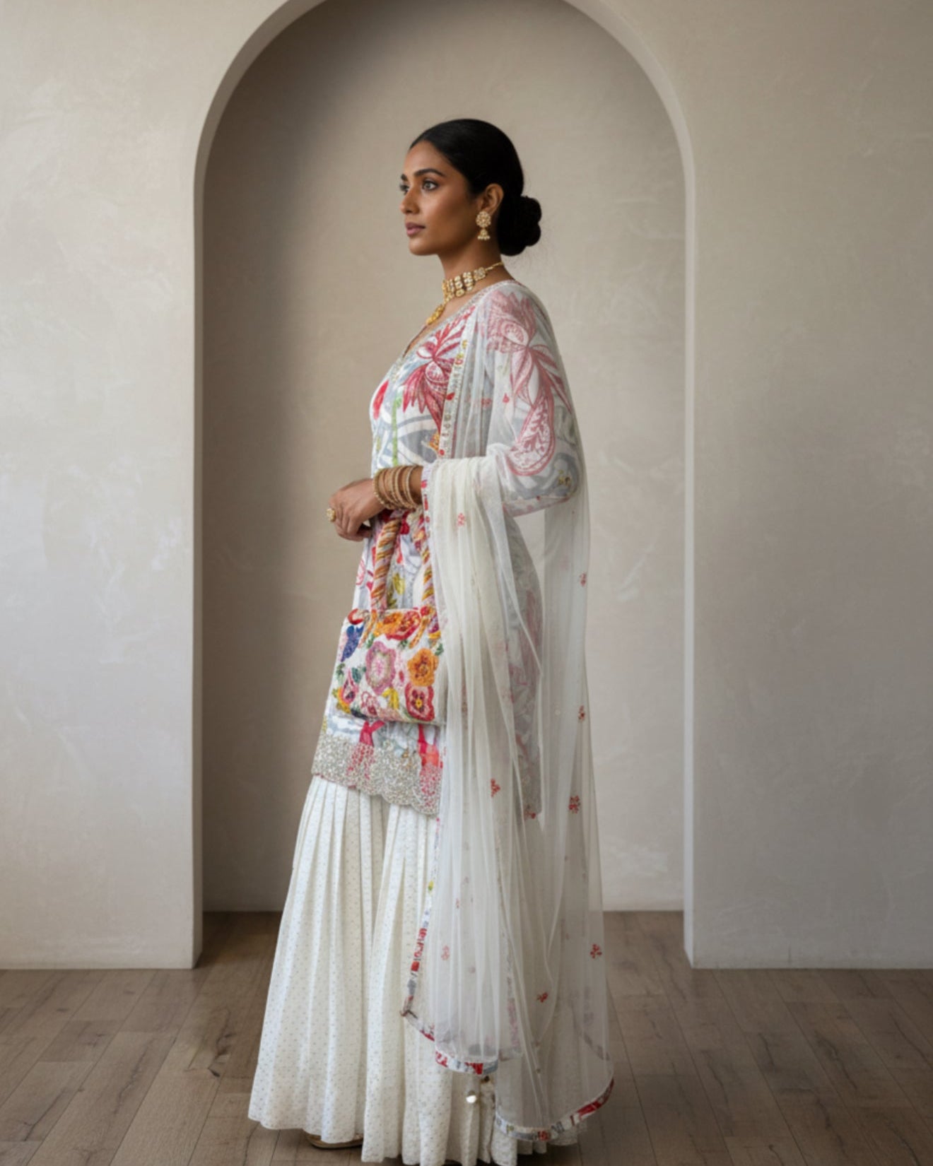 White Floral Printed Sharara Set