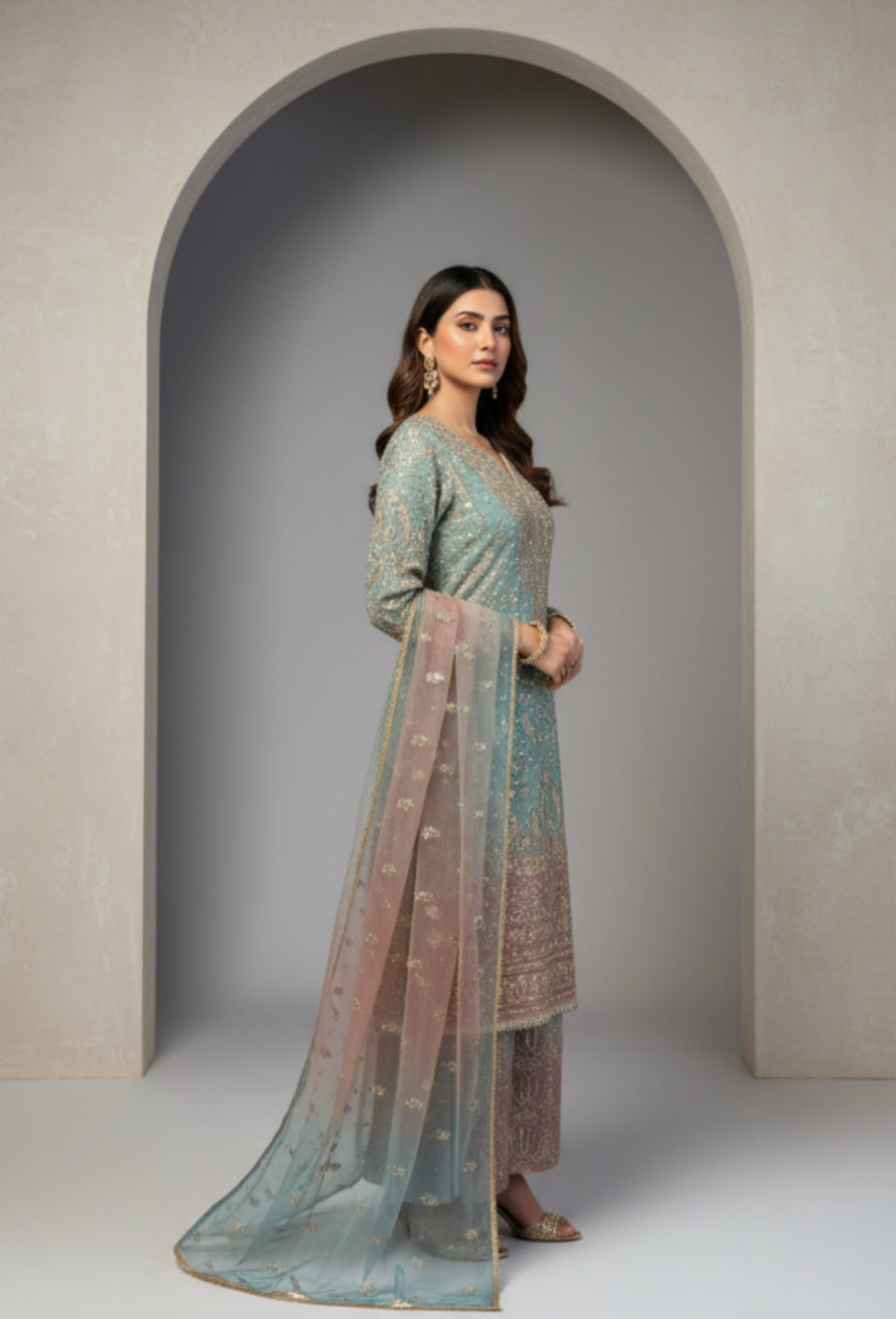 Aqua & Blush Embroidered Plazzo Suit Set with Dupatta