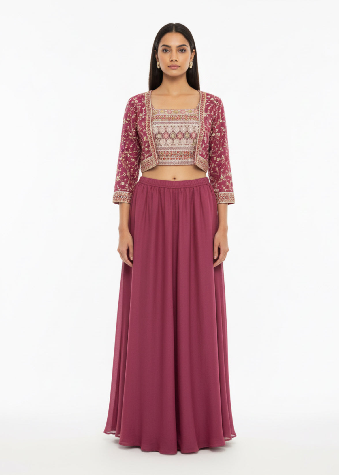 Wine Embroidered Crop Top and Jacket Set