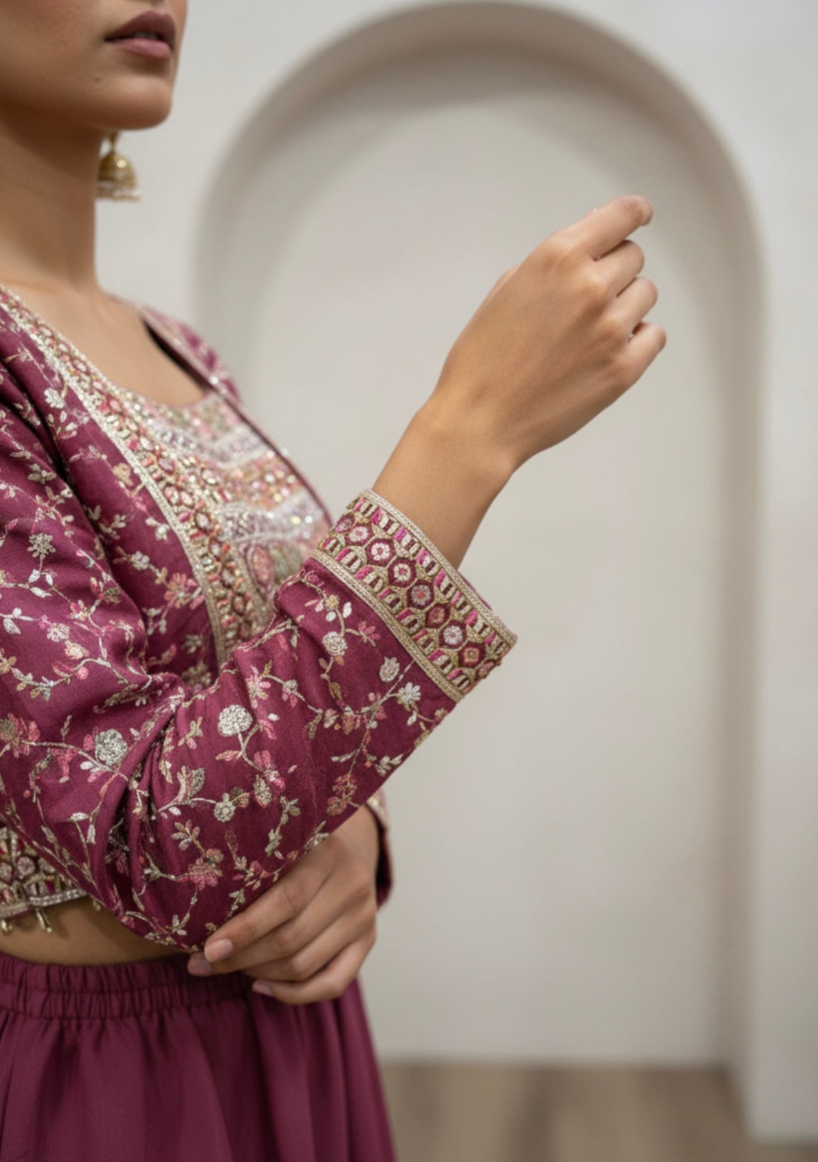 Wine Embroidered Crop Top and Jacket Set