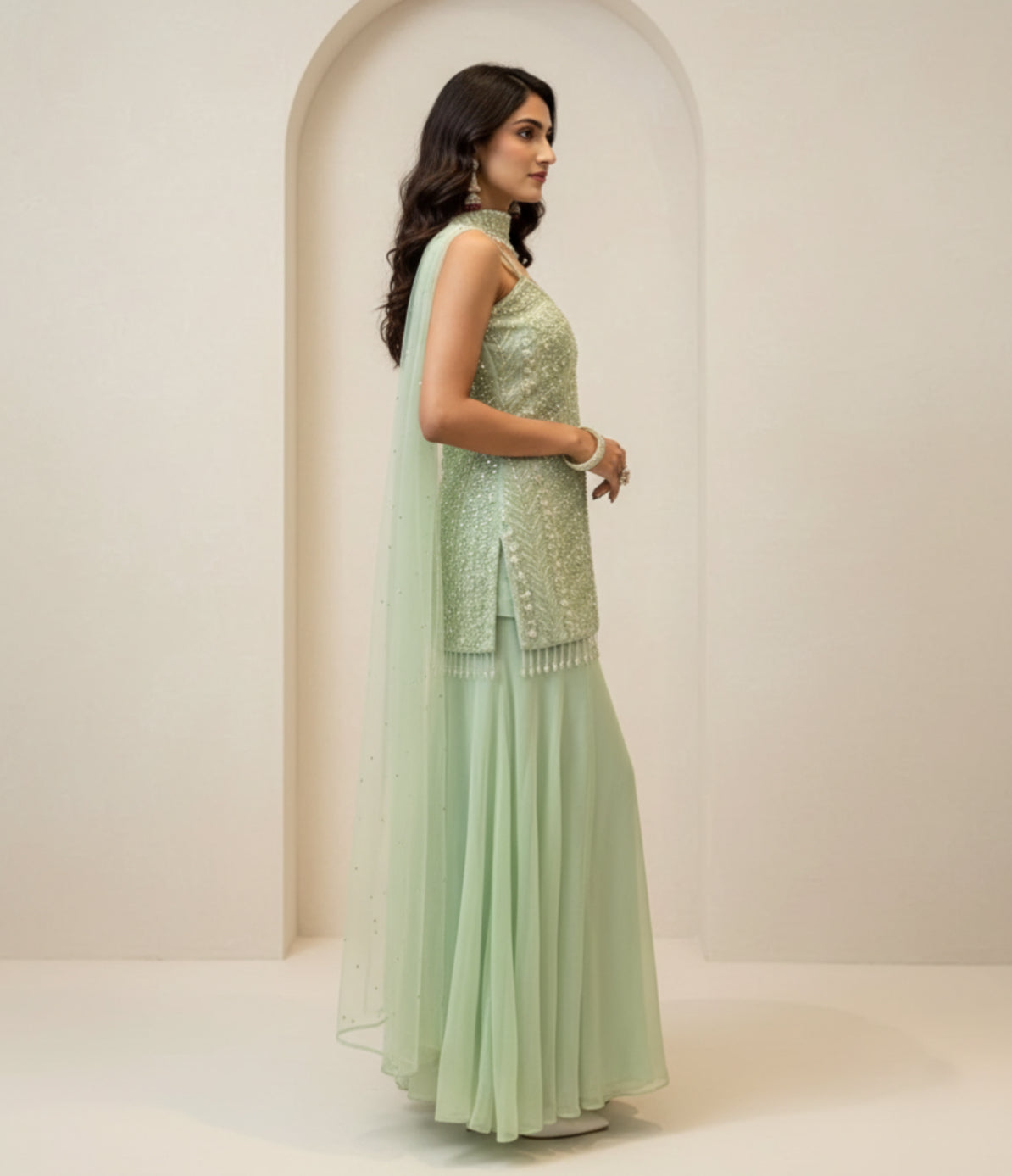 Pastel Green Embroidered Sharara Set