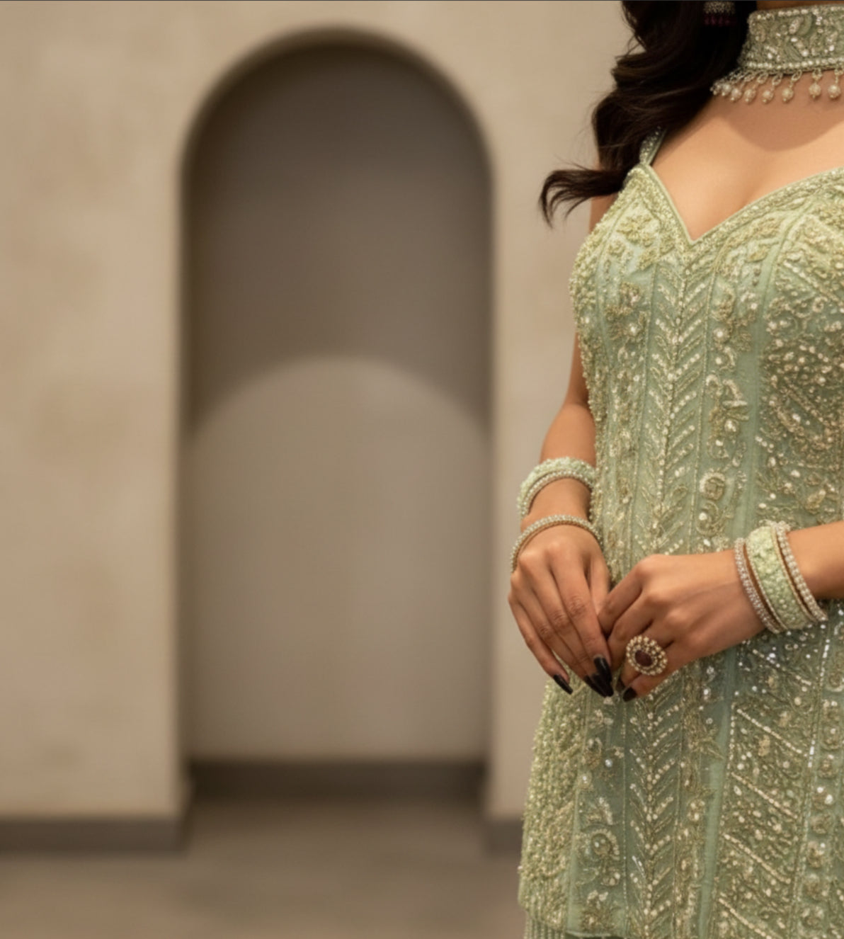 Pastel Green Embroidered Sharara Set
