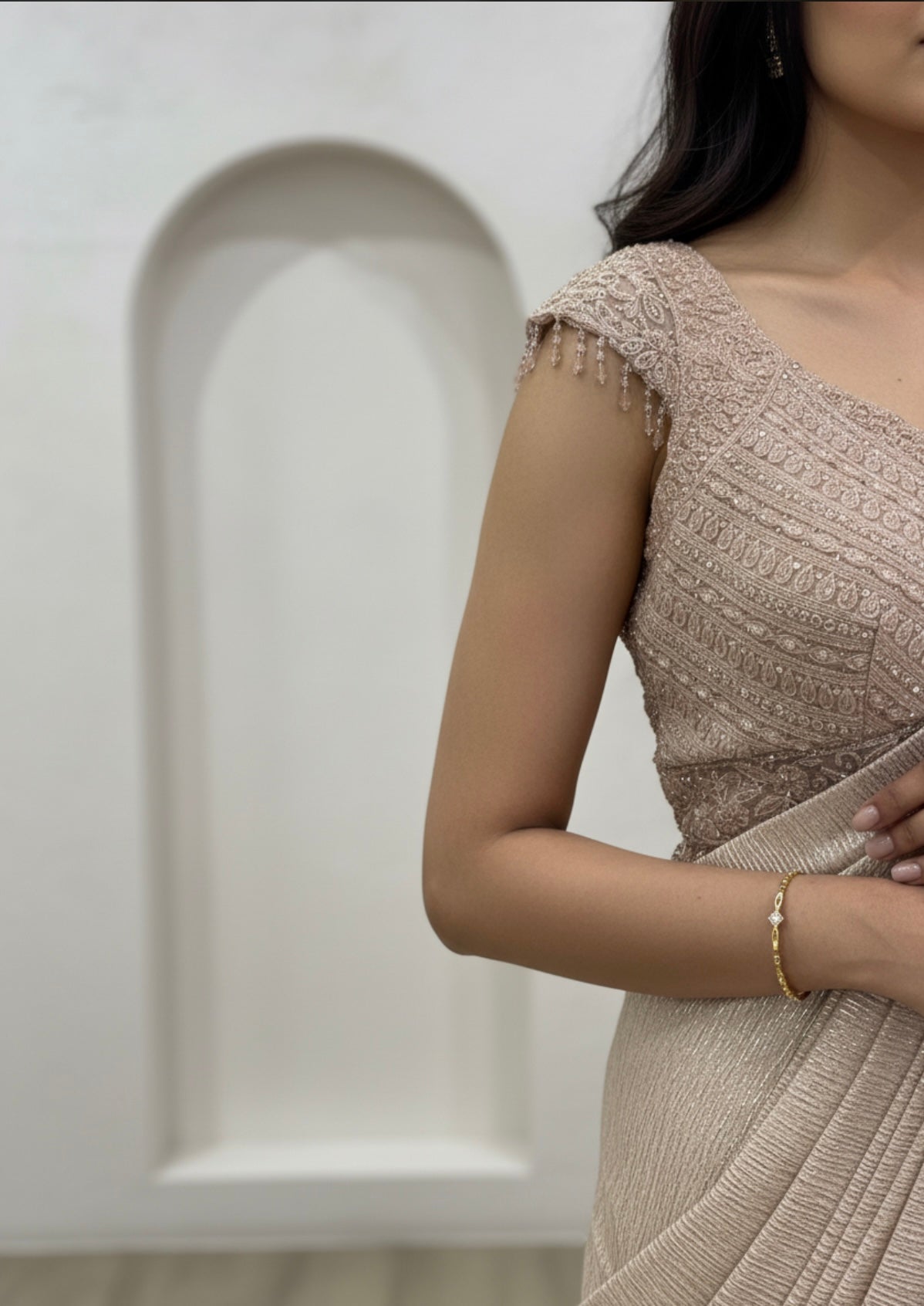 Champagne Gold Shimmer Drape Saree with Embellished Blouse