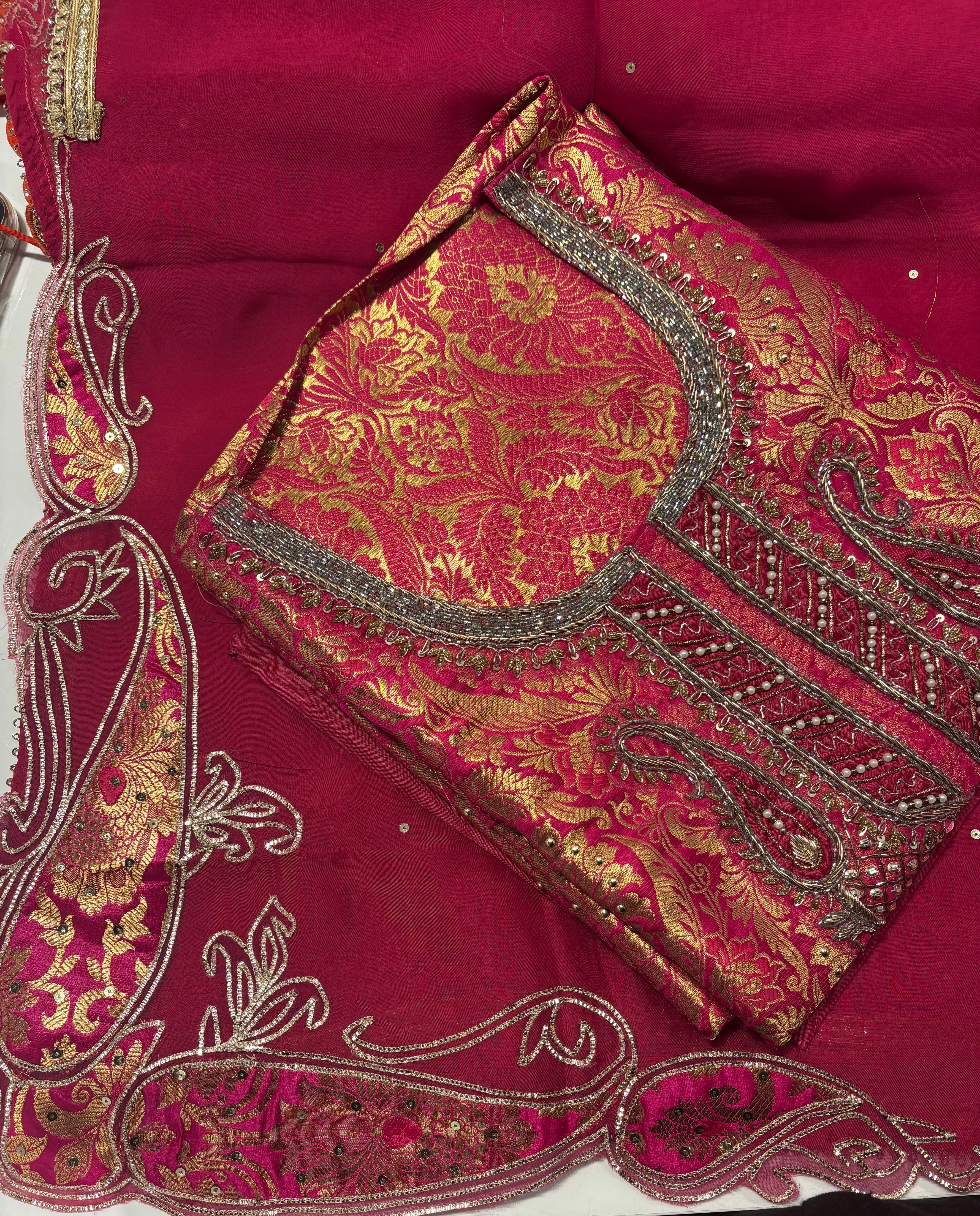Red and Gold Banarsi unstitched suit