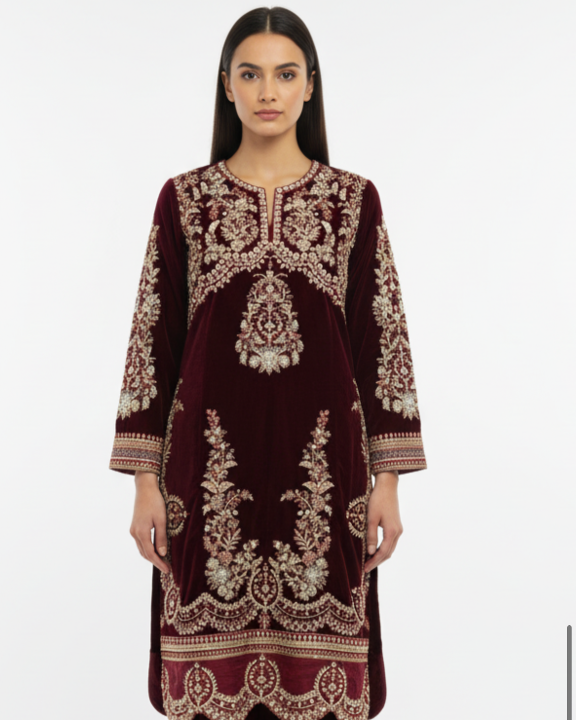 Embroidered Velvet Kurta – Maroon Majesty