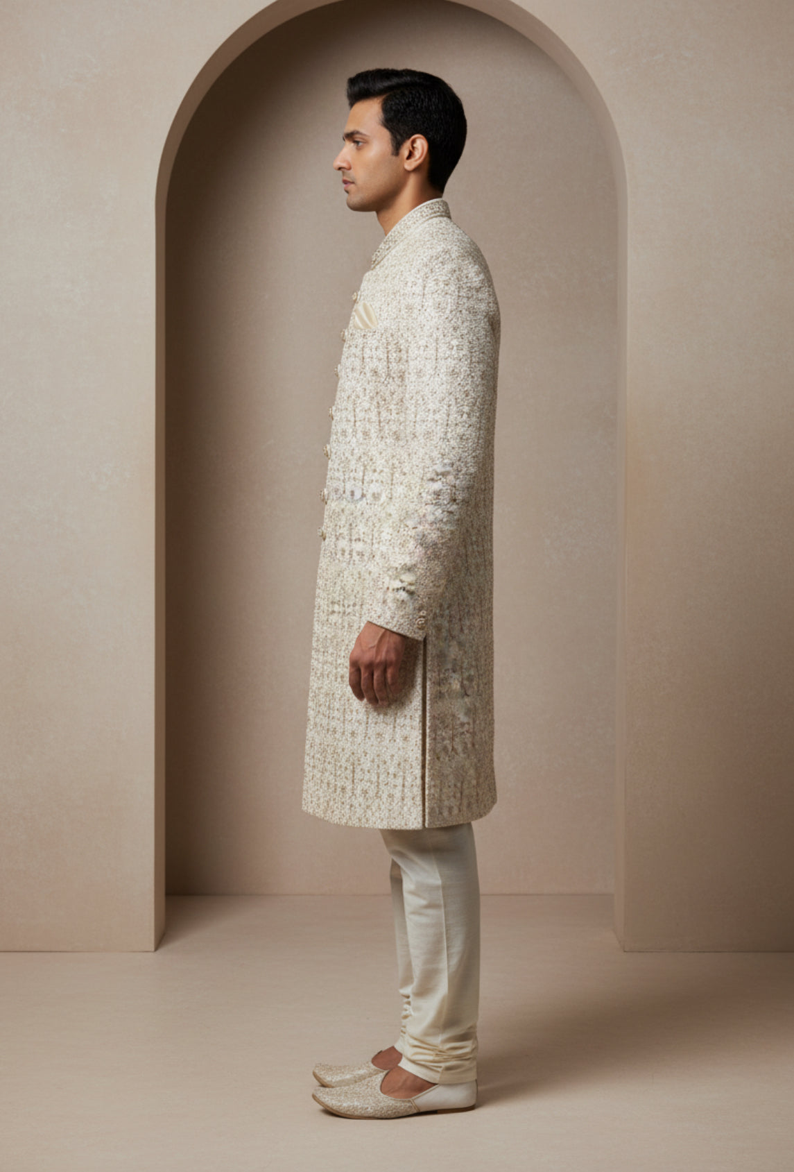 Ivory-Gold Patterned Sherwani