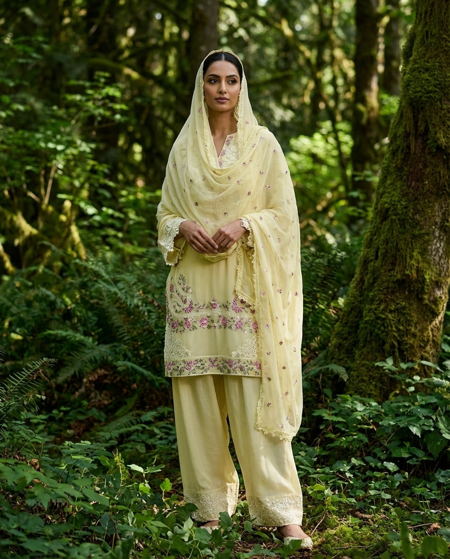 Pastel Embroidered Farshi Salwar Suit Set with Dupatta