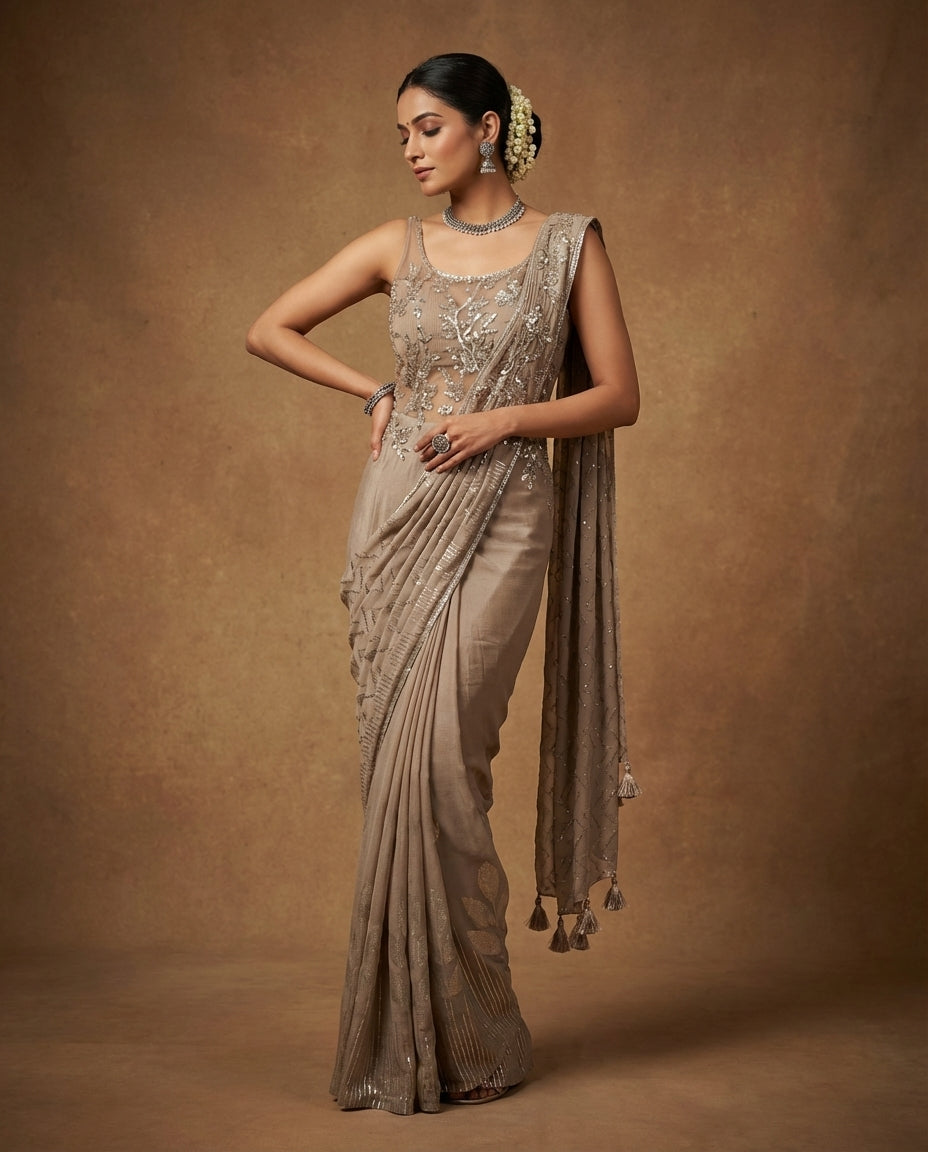 Taupe Embellished Pre-Draped Saree with Embroidered Blouse