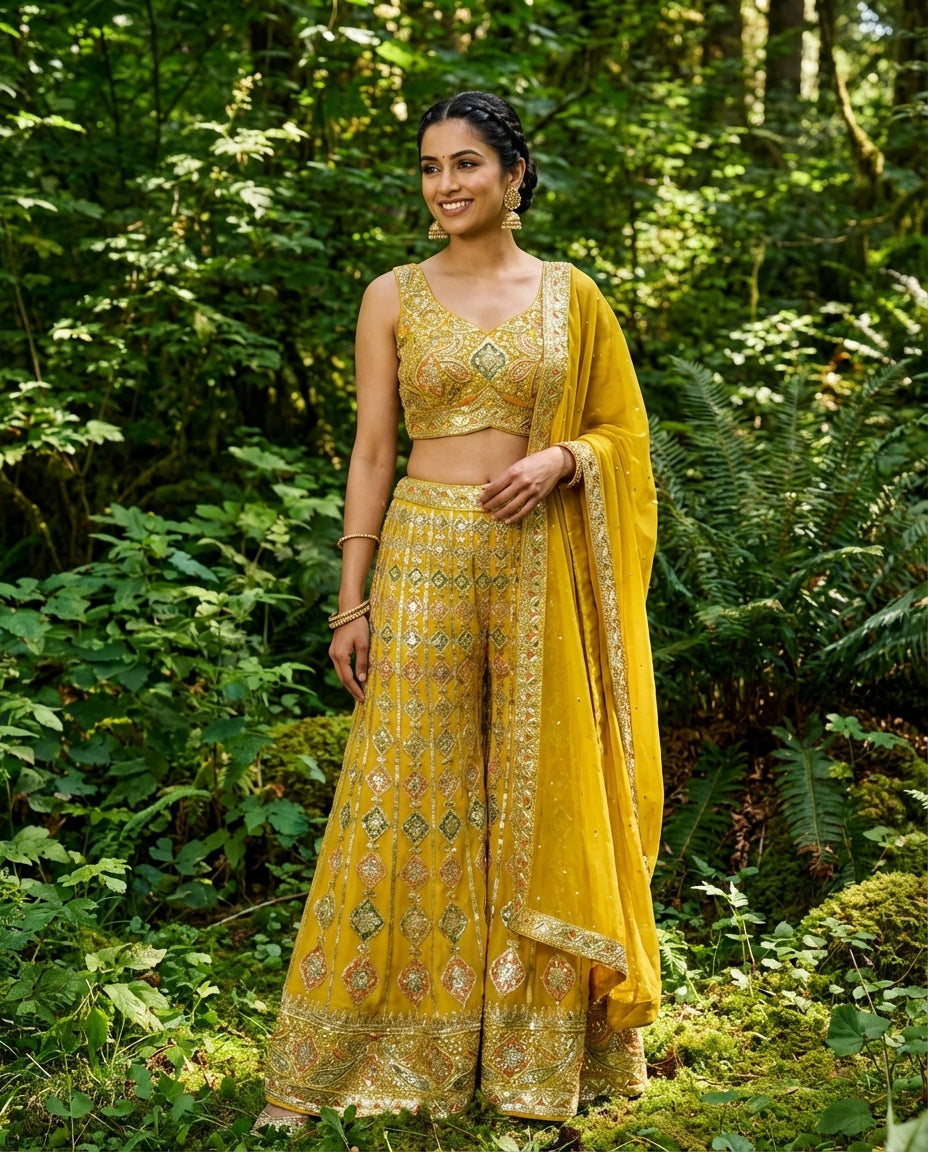 Embroidered Crop Top Sharara Set with Dupatta