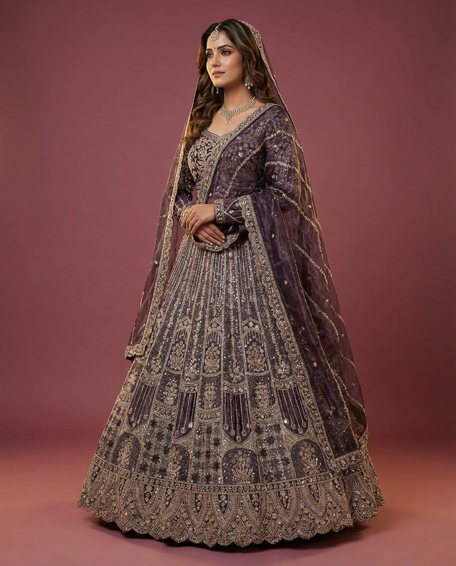 Wine Purple Embroidered Lehenga Set