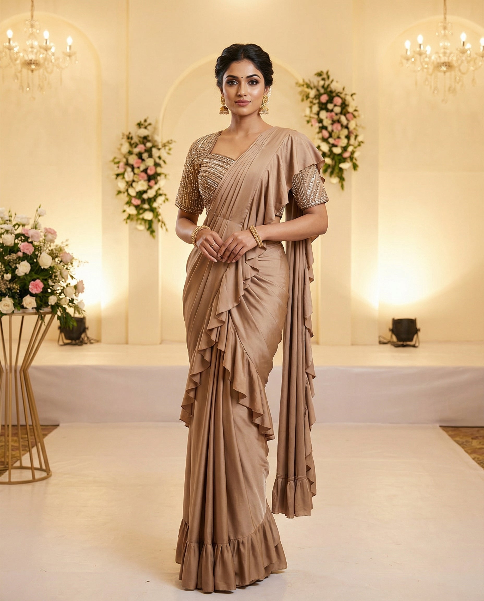 Graceful metallic gold drape saree
