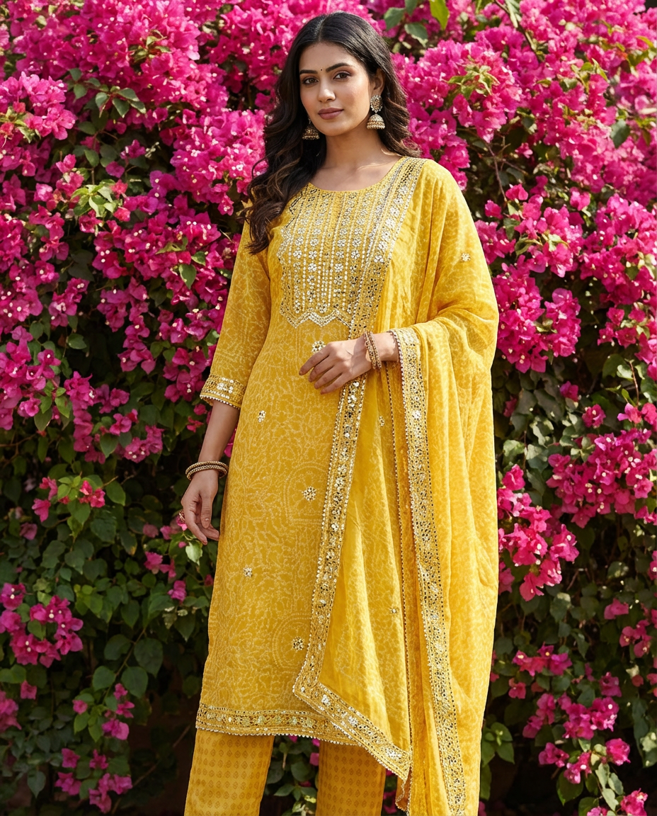 Soft sequin & mirror work unstitched suit