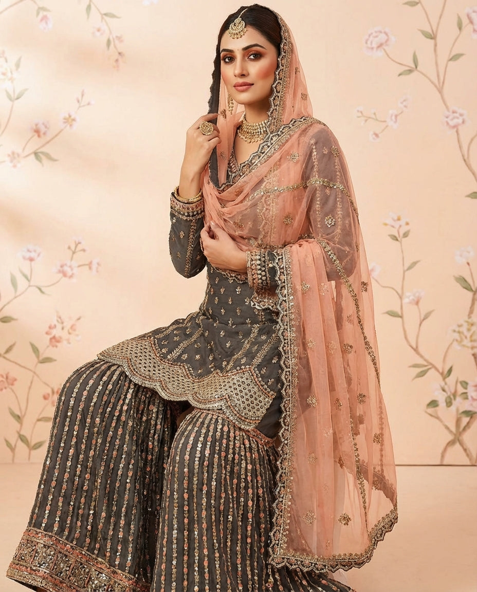 Mehendi Green and Peach EmbroideredGharara Set