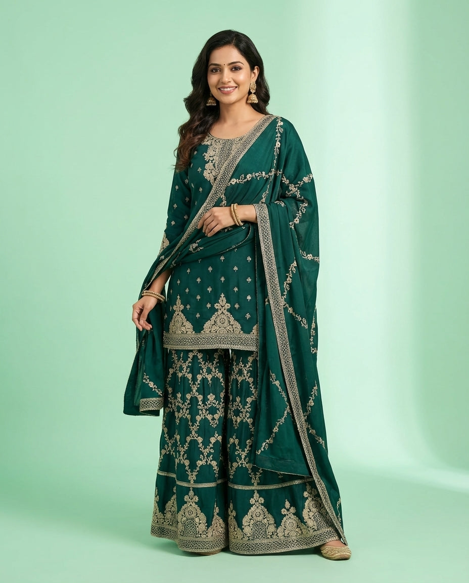 Peacock Green Embroidered Sharara Suit