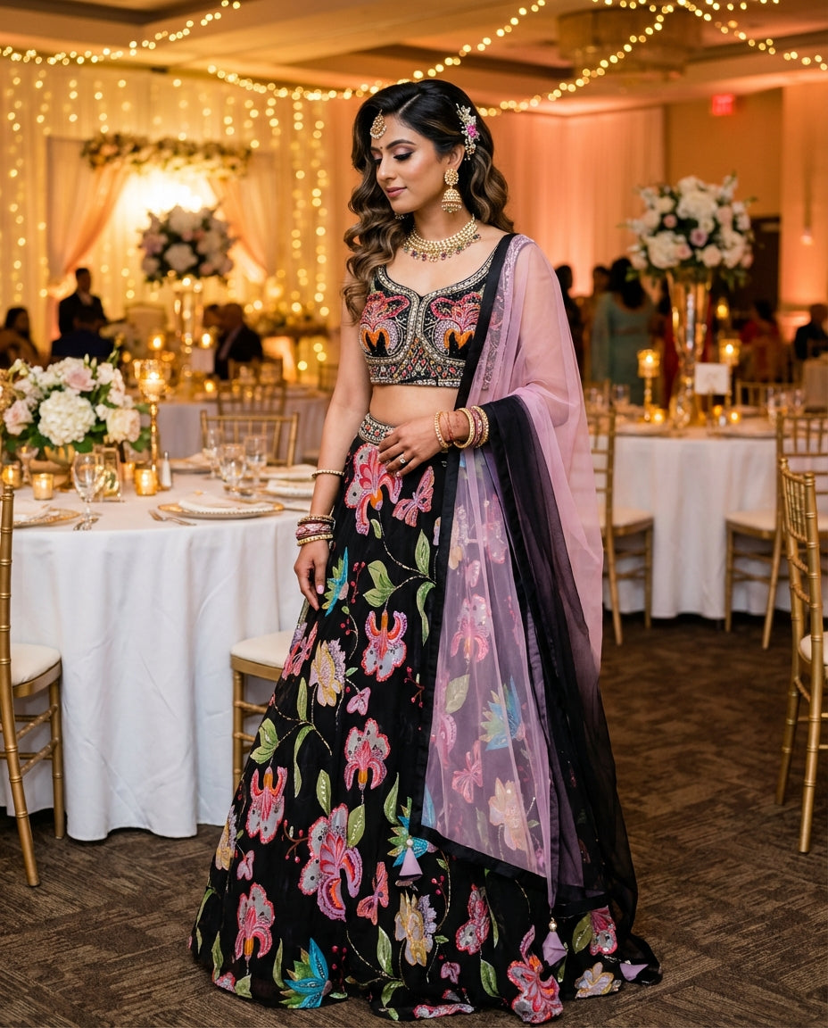 Black Printed Lehenga Set with Floral Motifs & Net Dupatta