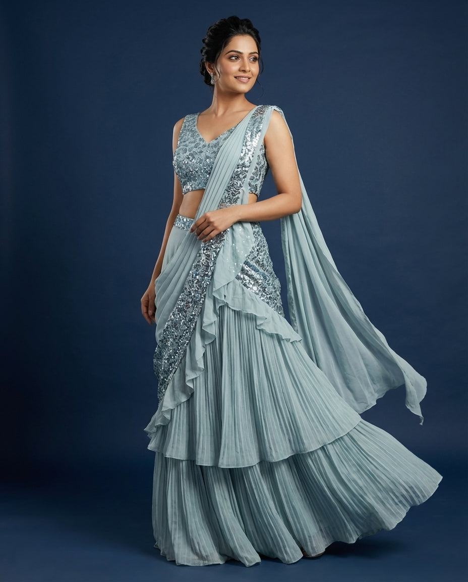 Embellished Draped Lehenga Saree with Ruffle Details