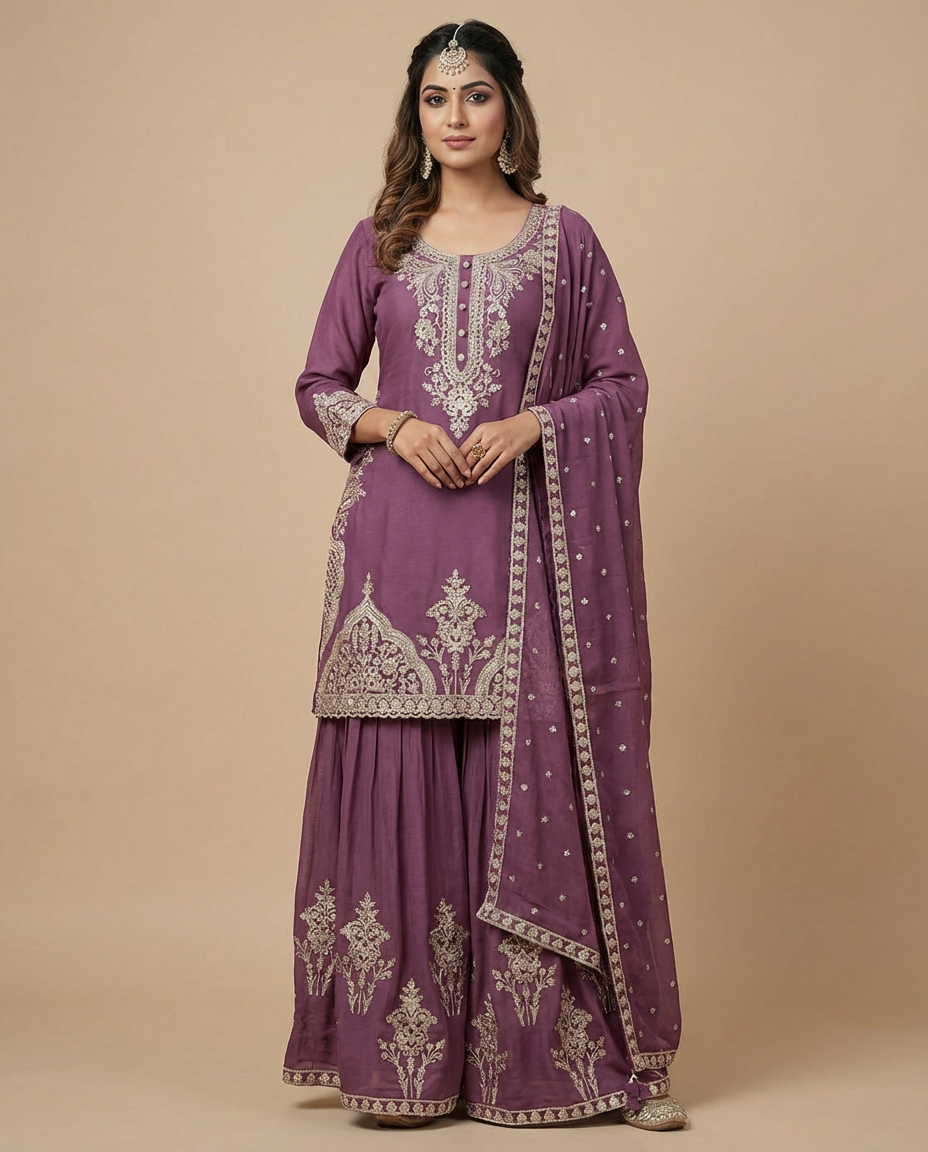 Mauve Purple Embroidered Kurta Sharara Set