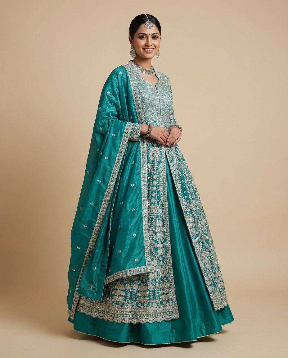 Teal Green Embroidered Anarkali Set